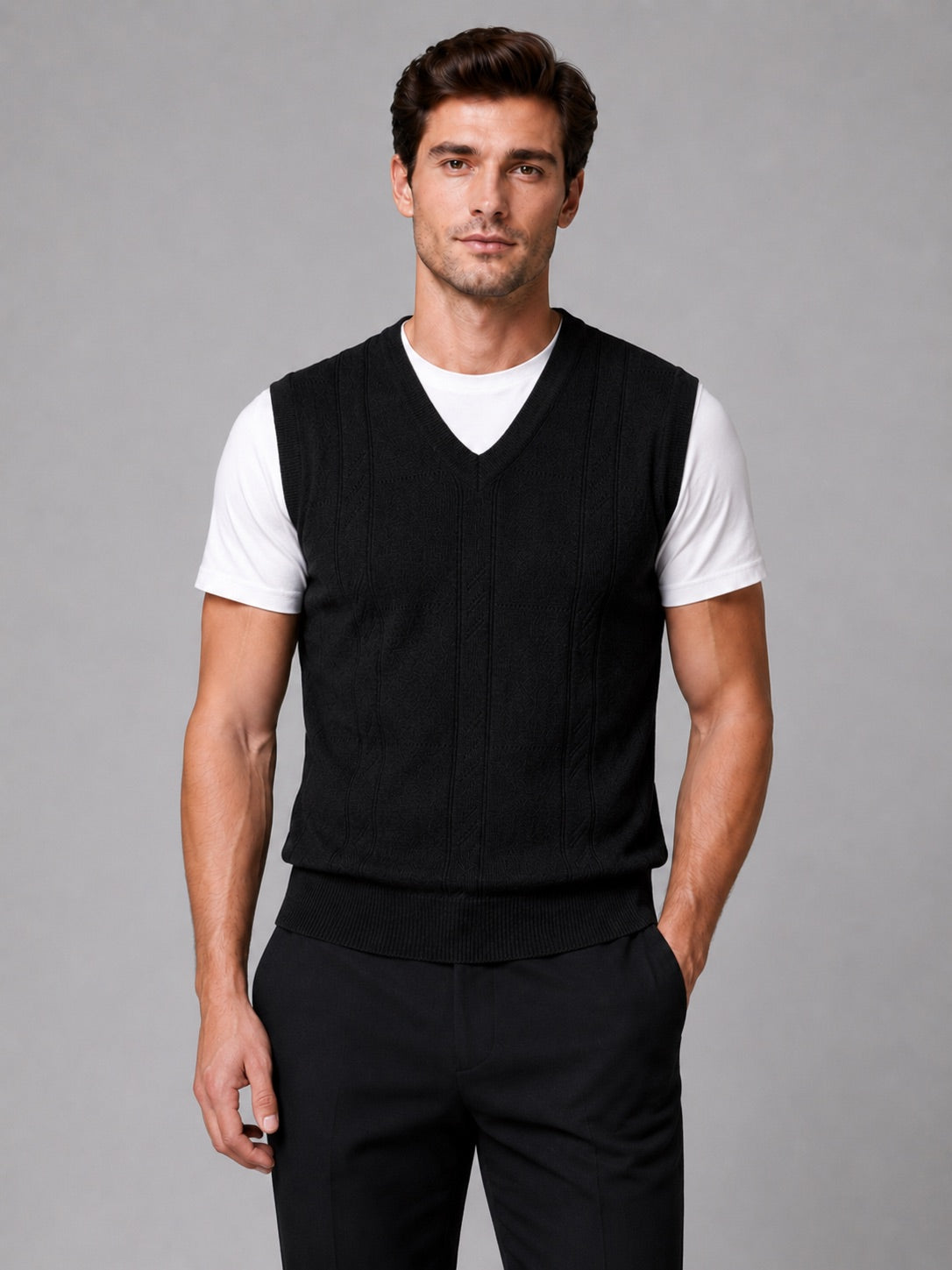 Men’s Sleeveless Jumper V-Neck Solid Colour Sleeveless Knit Autumn Winter Layer for Business Casual and Everyday Wear