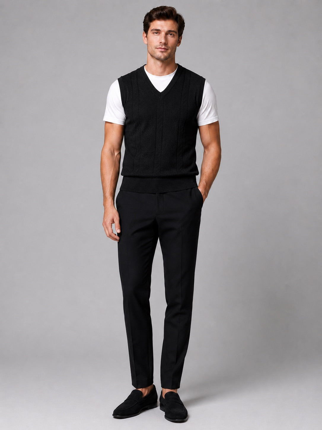 Men’s Sleeveless Jumper V-Neck Solid Colour Sleeveless Knit Autumn Winter Layer for Business Casual and Everyday Wear