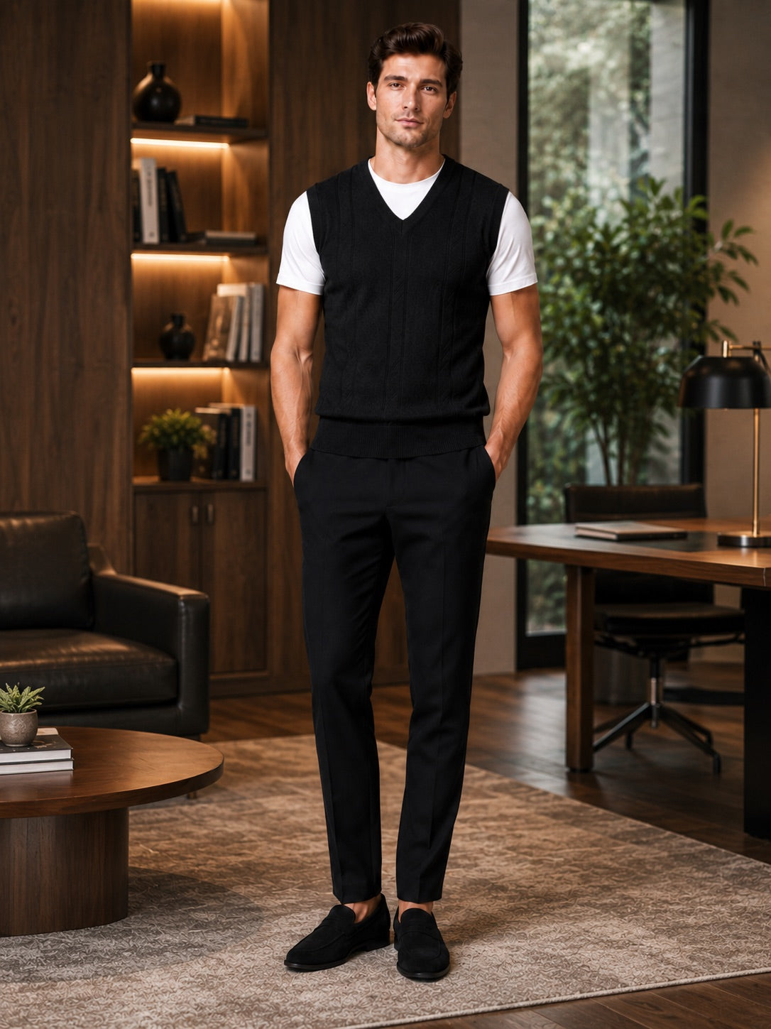 Men’s Sleeveless Jumper V-Neck Solid Colour Sleeveless Knit Autumn Winter Layer for Business Casual and Everyday Wear