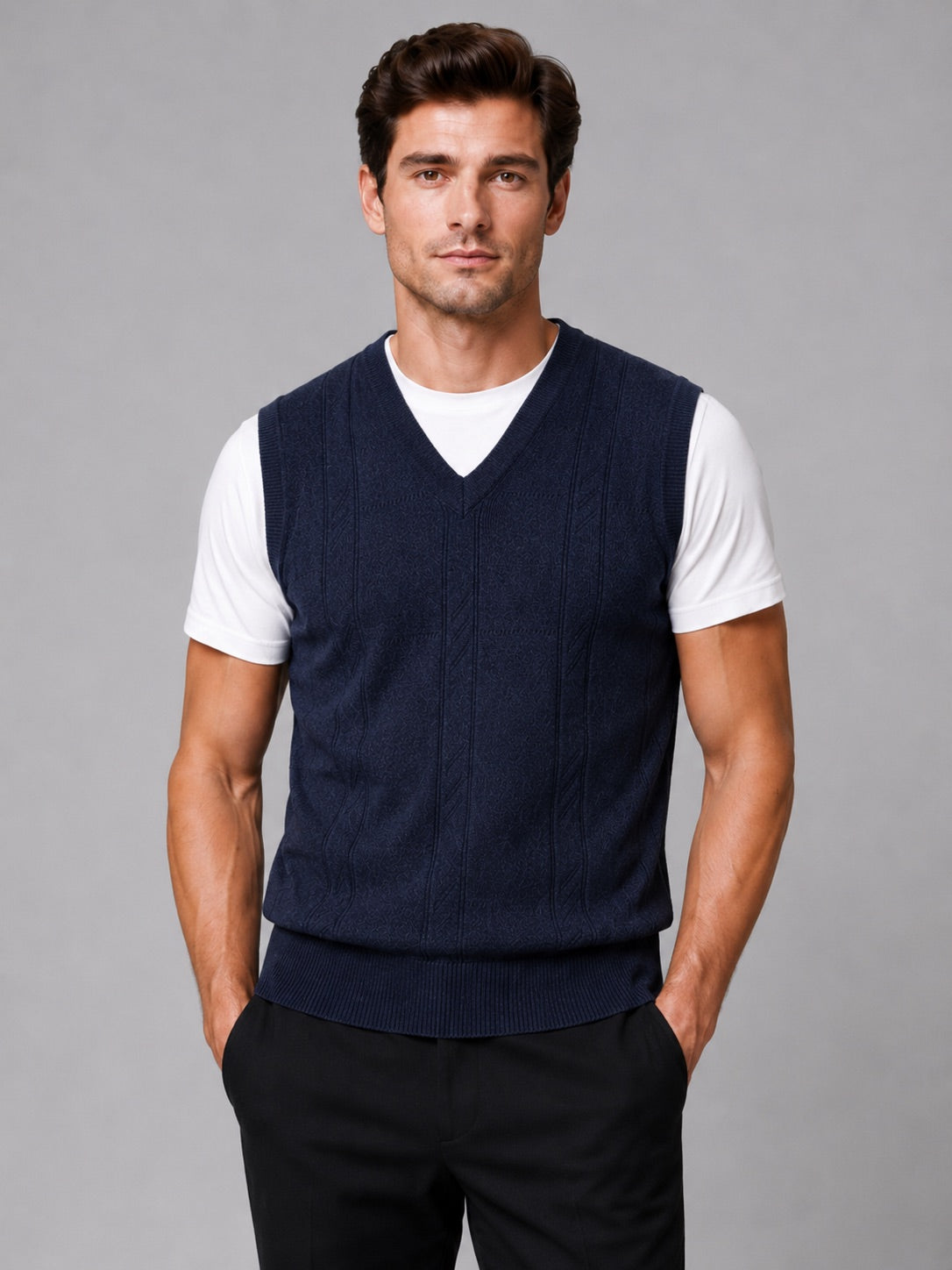 Men’s Sleeveless Jumper V-Neck Solid Colour Sleeveless Knit Autumn Winter Layer for Business Casual and Everyday Wear