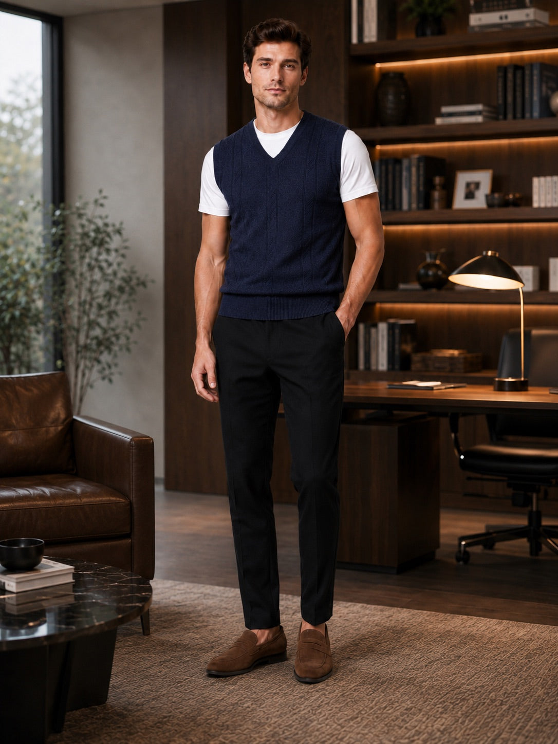 Men’s Sleeveless Jumper V-Neck Solid Colour Sleeveless Knit Autumn Winter Layer for Business Casual and Everyday Wear