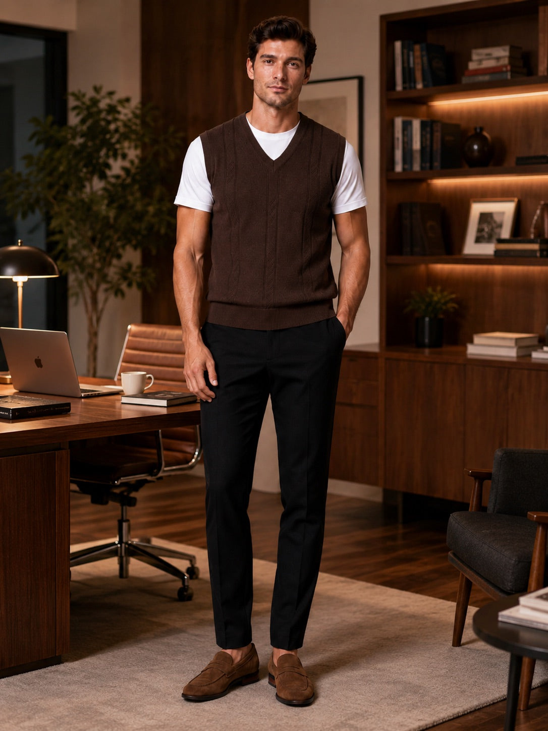 Men’s Sleeveless Jumper V-Neck Solid Colour Sleeveless Knit Autumn Winter Layer for Business Casual and Everyday Wear