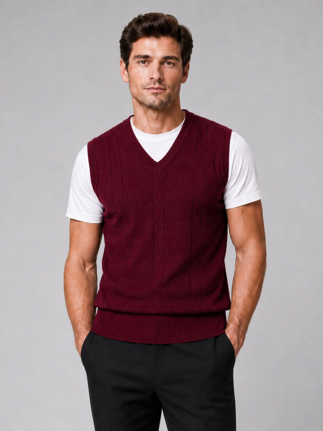 Men’s Sleeveless Jumper V-Neck Solid Colour Sleeveless Knit Autumn Winter Layer for Business Casual and Everyday Wear