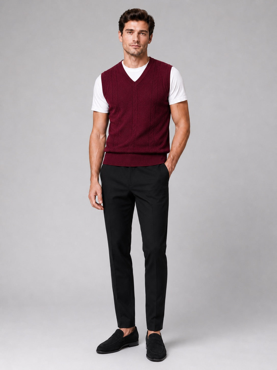 Men’s Sleeveless Jumper V-Neck Solid Colour Sleeveless Knit Autumn Winter Layer for Business Casual and Everyday Wear