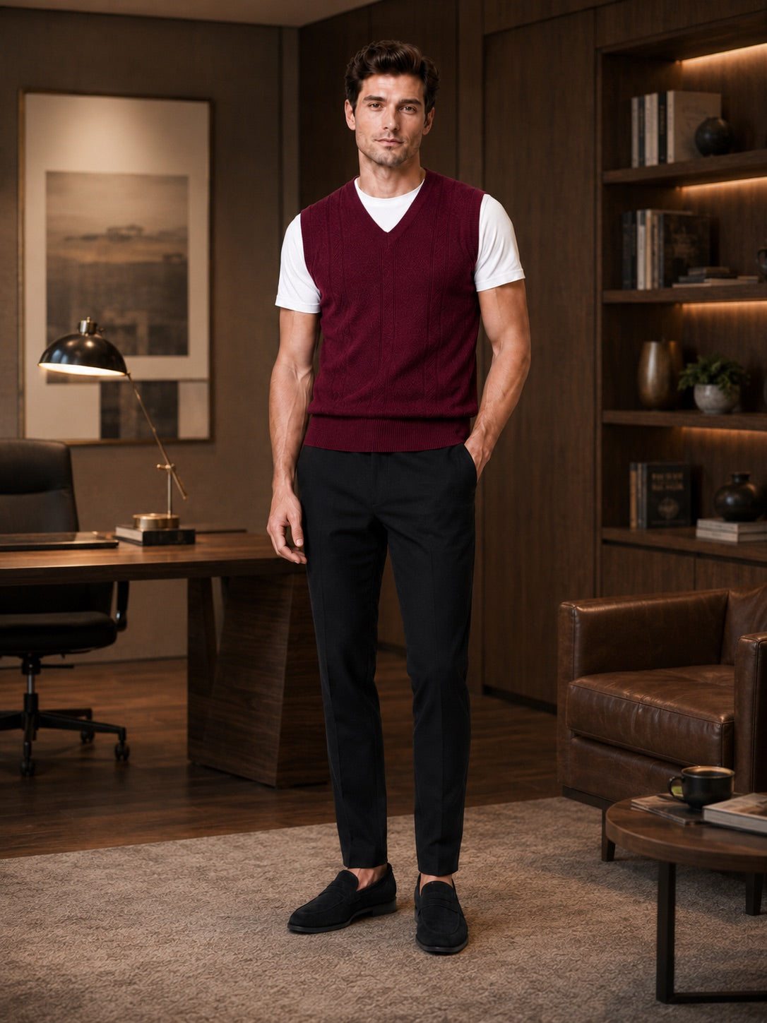 Men’s Sleeveless Jumper V-Neck Solid Colour Sleeveless Knit Autumn Winter Layer for Business Casual and Everyday Wear