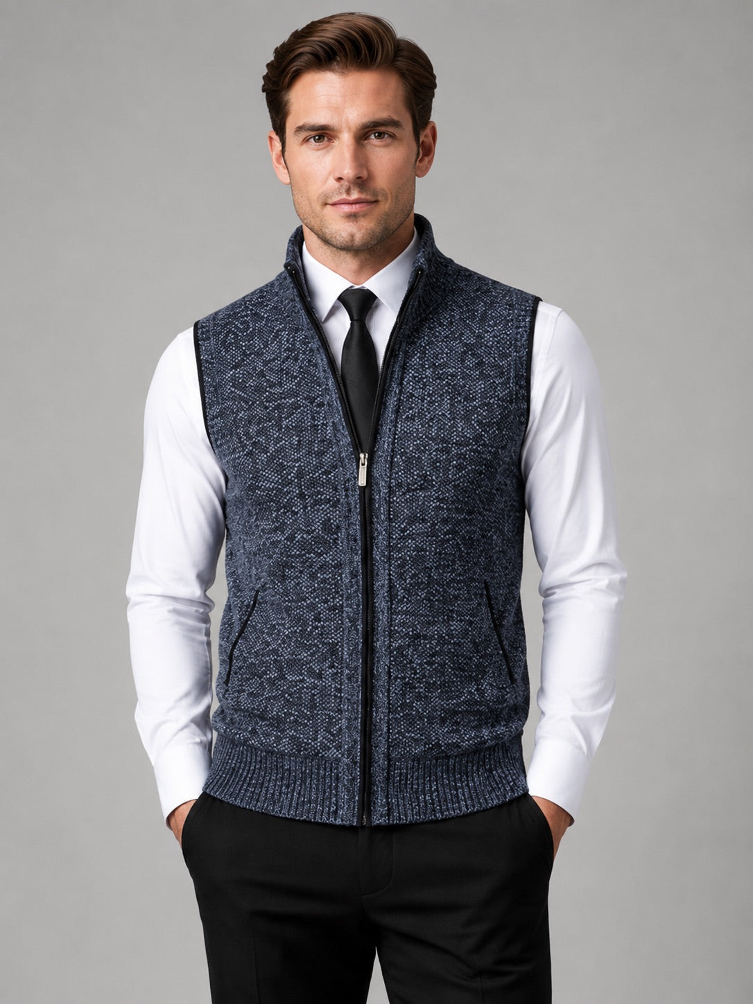 Men’s Sleeveless Jumper Full Zip Stand Collar Slim Fit Knit Autumn Winter Layer for Business Casual and Everyday Wear