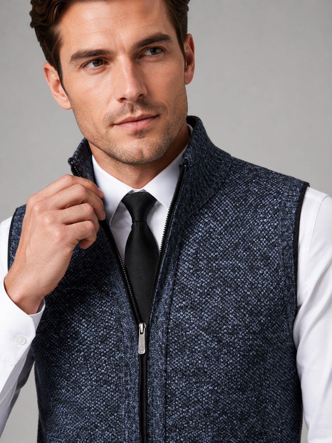 Men’s Sleeveless Jumper Full Zip Stand Collar Slim Fit Knit Autumn Winter Layer for Business Casual and Everyday Wear
