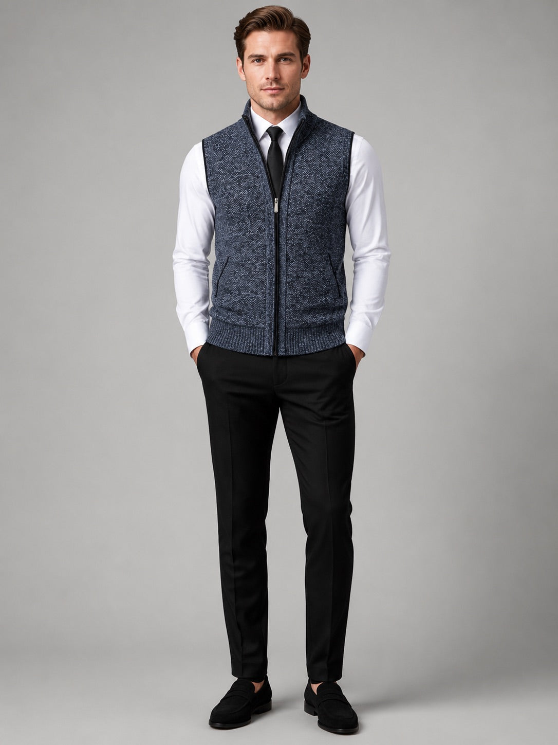 Men’s Sleeveless Jumper Full Zip Stand Collar Slim Fit Knit Autumn Winter Layer for Business Casual and Everyday Wear