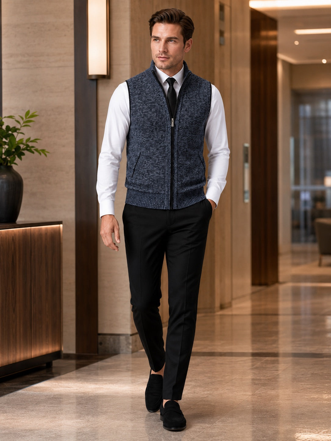 Men’s Sleeveless Jumper Full Zip Stand Collar Slim Fit Knit Autumn Winter Layer for Business Casual and Everyday Wear