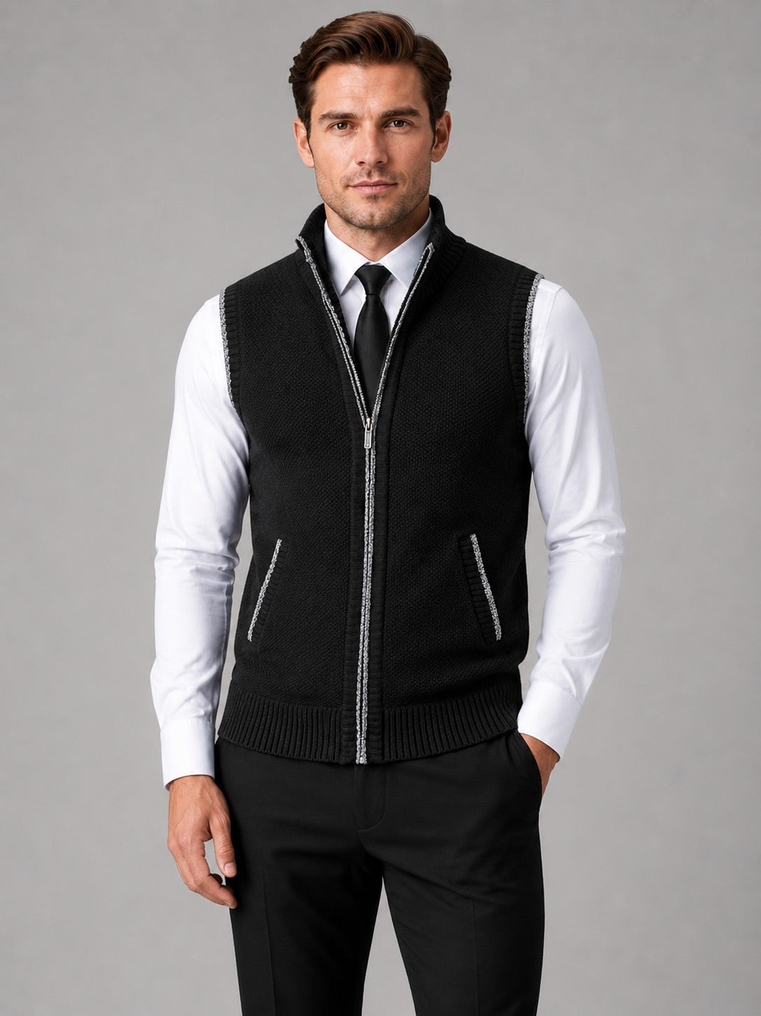 Men’s Sleeveless Jumper Full Zip Stand Collar Slim Fit Knit Autumn Winter Layer for Business Casual and Everyday Wear