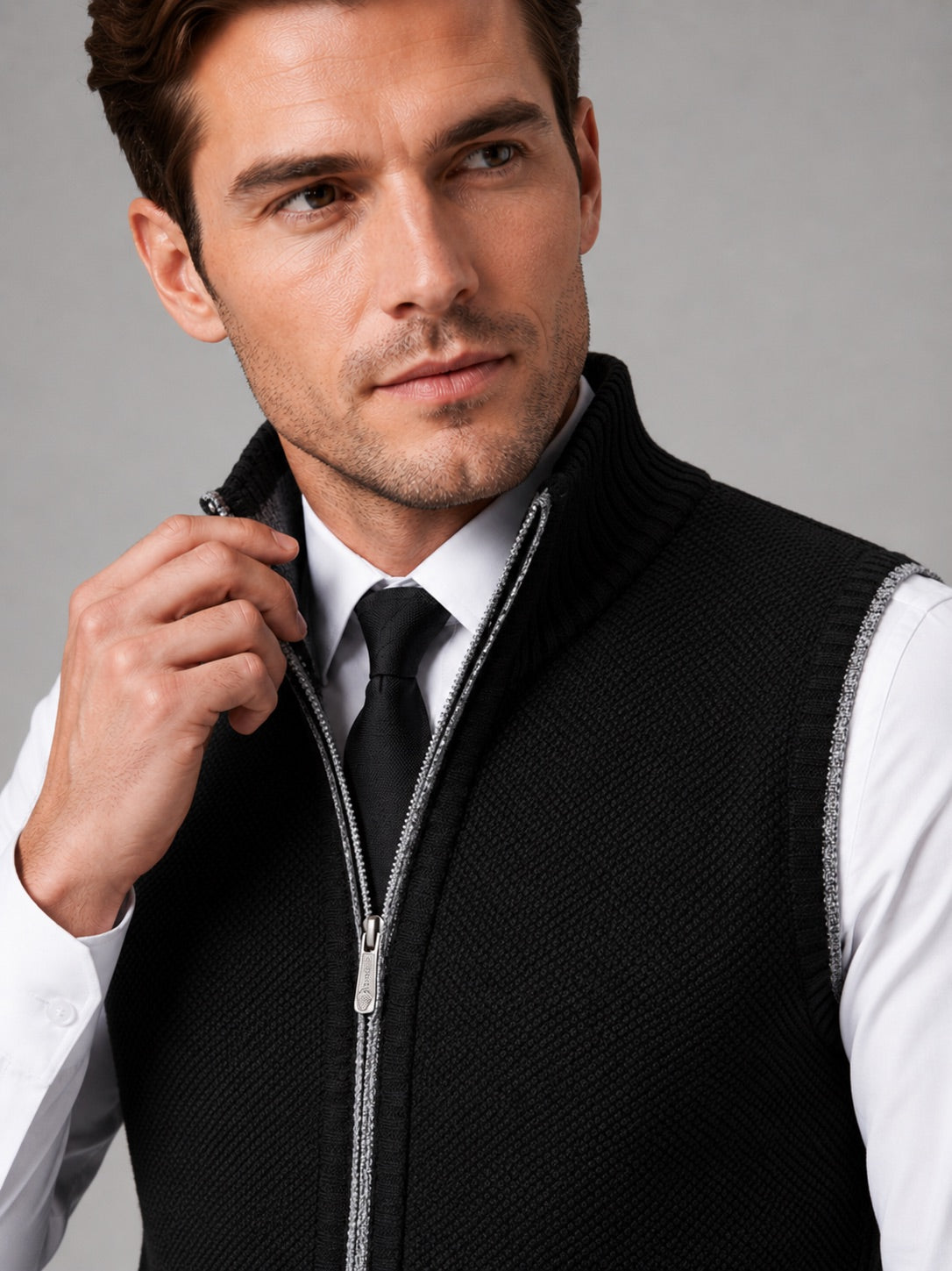 Men’s Sleeveless Jumper Full Zip Stand Collar Slim Fit Knit Autumn Winter Layer for Business Casual and Everyday Wear