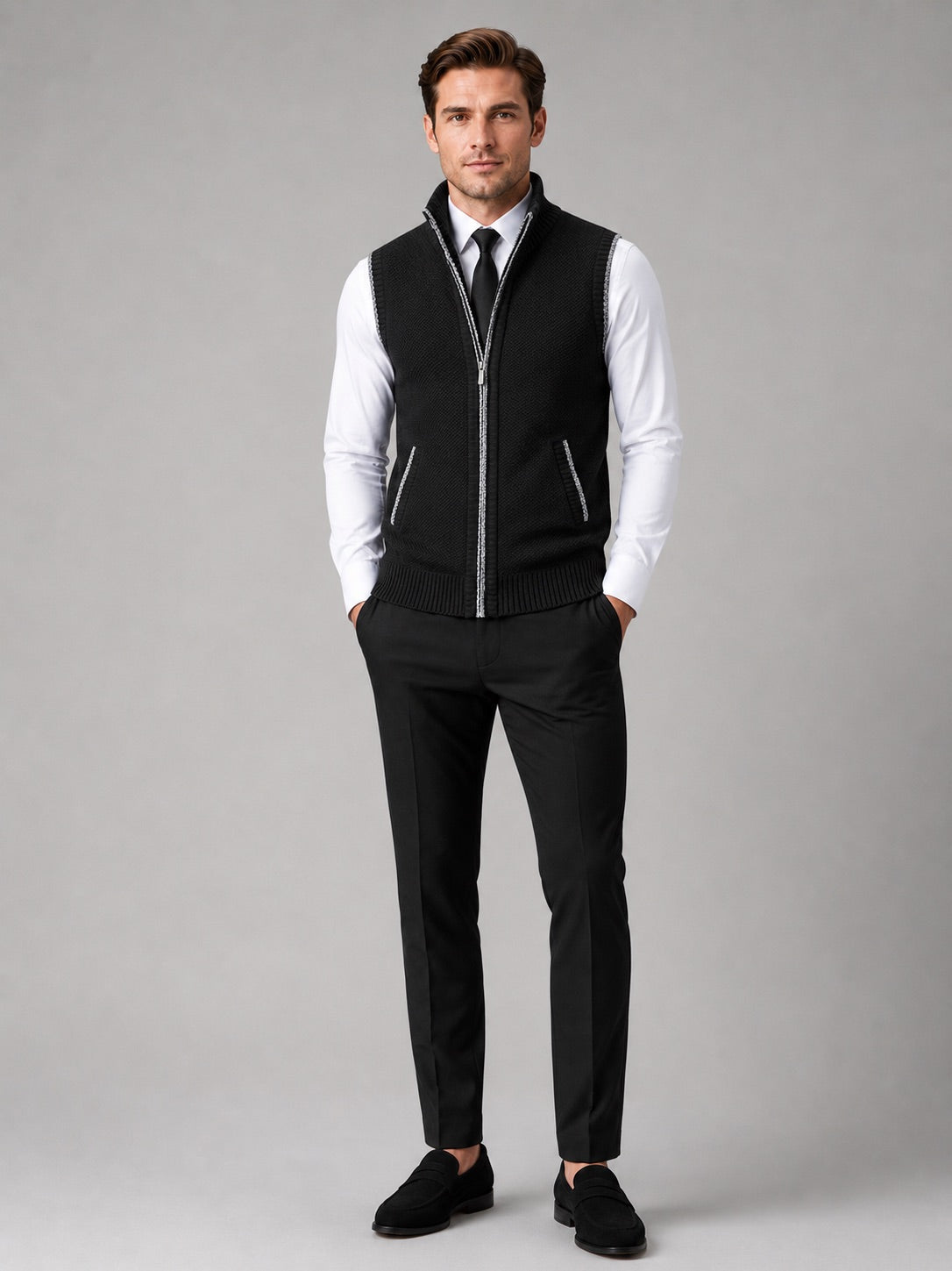 Men’s Sleeveless Jumper Full Zip Stand Collar Slim Fit Knit Autumn Winter Layer for Business Casual and Everyday Wear
