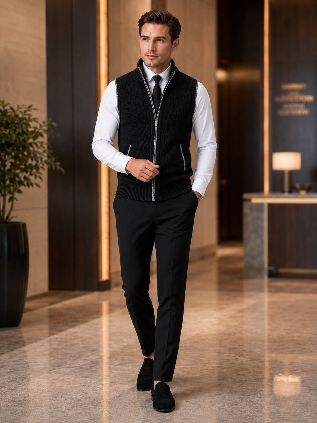 Men’s Sleeveless Jumper Full Zip Stand Collar Slim Fit Knit Autumn Winter Layer for Business Casual and Everyday Wear