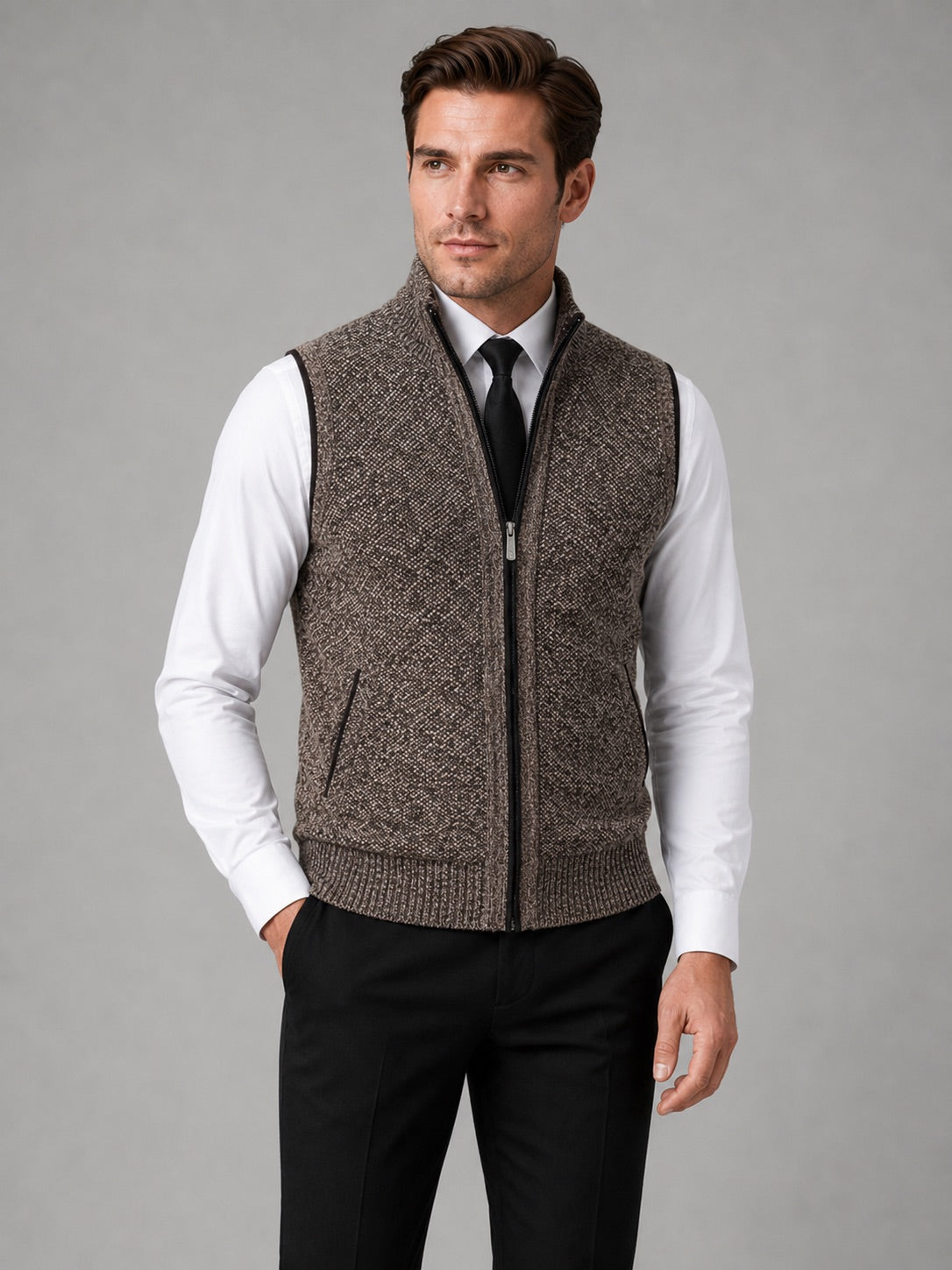 Men’s Sleeveless Jumper Full Zip Stand Collar Slim Fit Knit Autumn Winter Layer for Business Casual and Everyday Wear