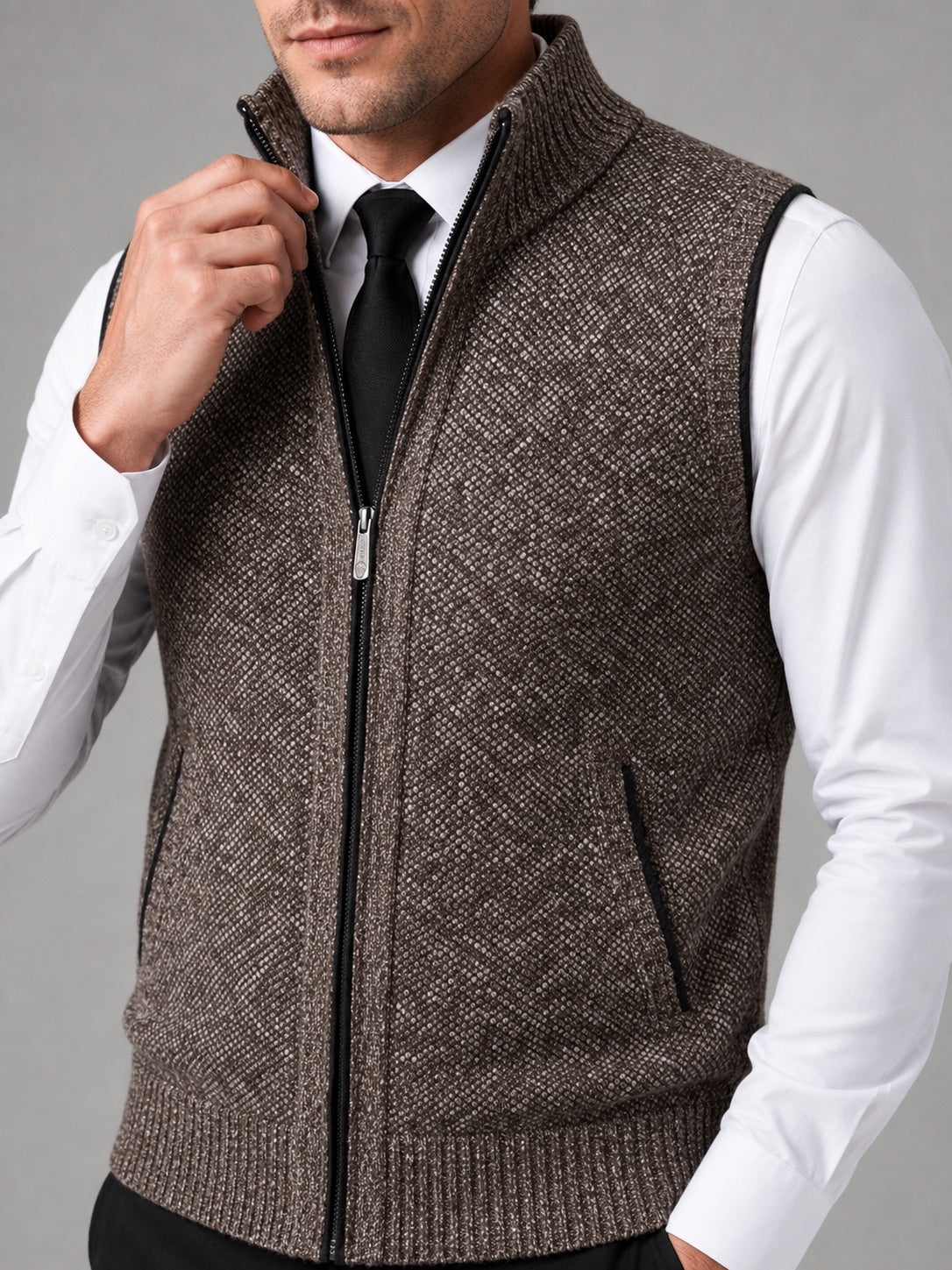 Men’s Sleeveless Jumper Full Zip Stand Collar Slim Fit Knit Autumn Winter Layer for Business Casual and Everyday Wear