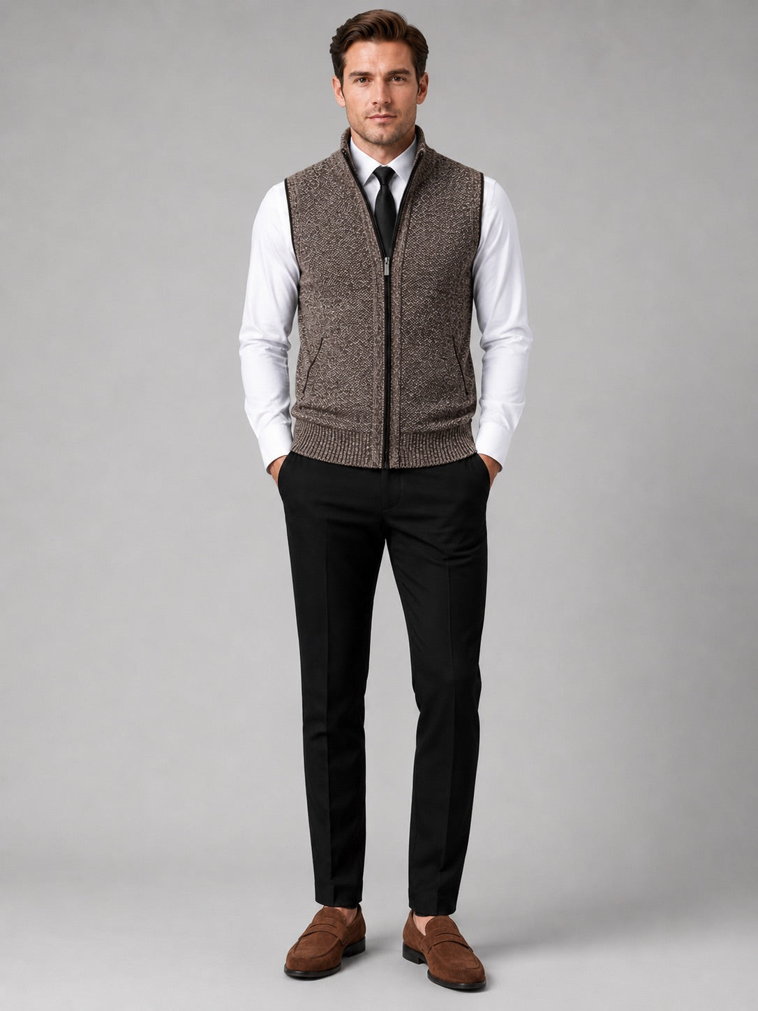 Men’s Sleeveless Jumper Full Zip Stand Collar Slim Fit Knit Autumn Winter Layer for Business Casual and Everyday Wear