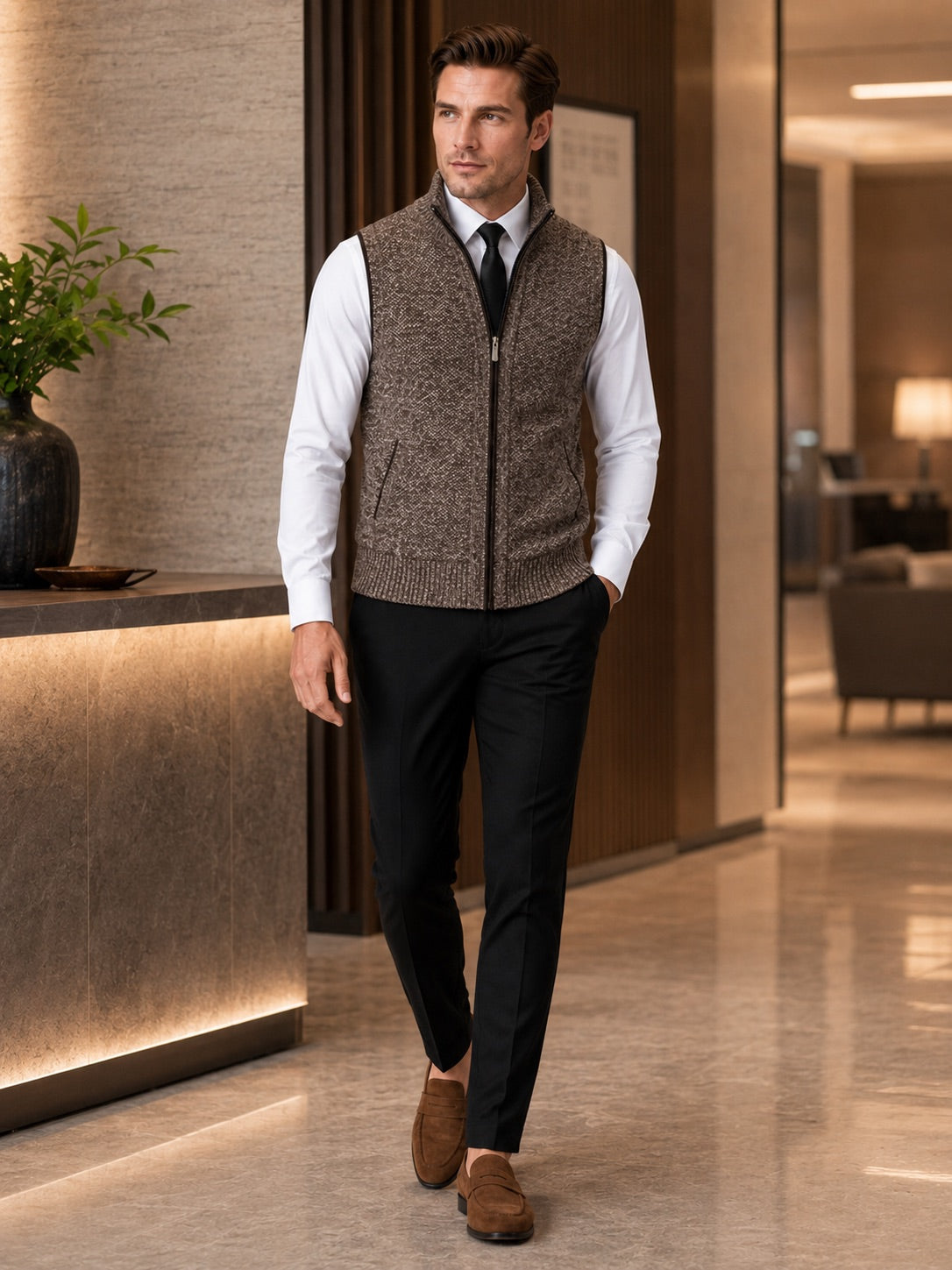 Men’s Sleeveless Jumper Full Zip Stand Collar Slim Fit Knit Autumn Winter Layer for Business Casual and Everyday Wear