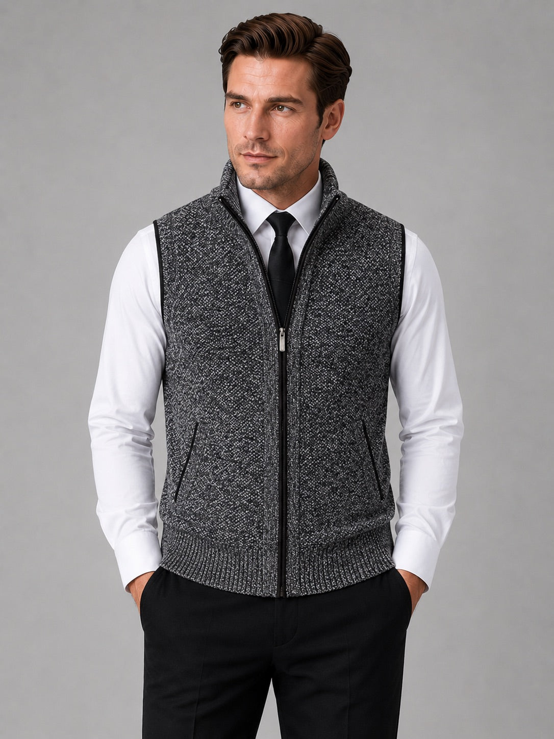 Men’s Sleeveless Jumper Full Zip Stand Collar Slim Fit Knit Autumn Winter Layer for Business Casual and Everyday Wear