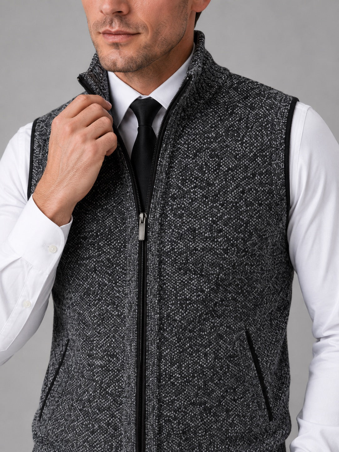 Men’s Sleeveless Jumper Full Zip Stand Collar Slim Fit Knit Autumn Winter Layer for Business Casual and Everyday Wear