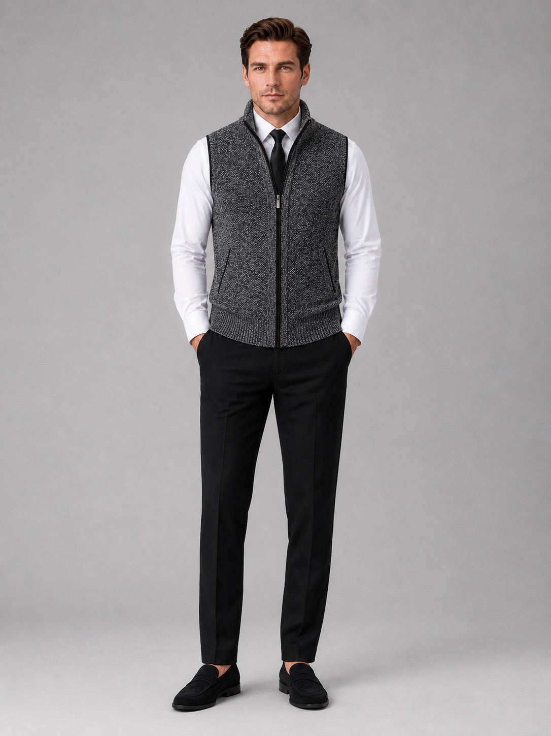 Men’s Sleeveless Jumper Full Zip Stand Collar Slim Fit Knit Autumn Winter Layer for Business Casual and Everyday Wear