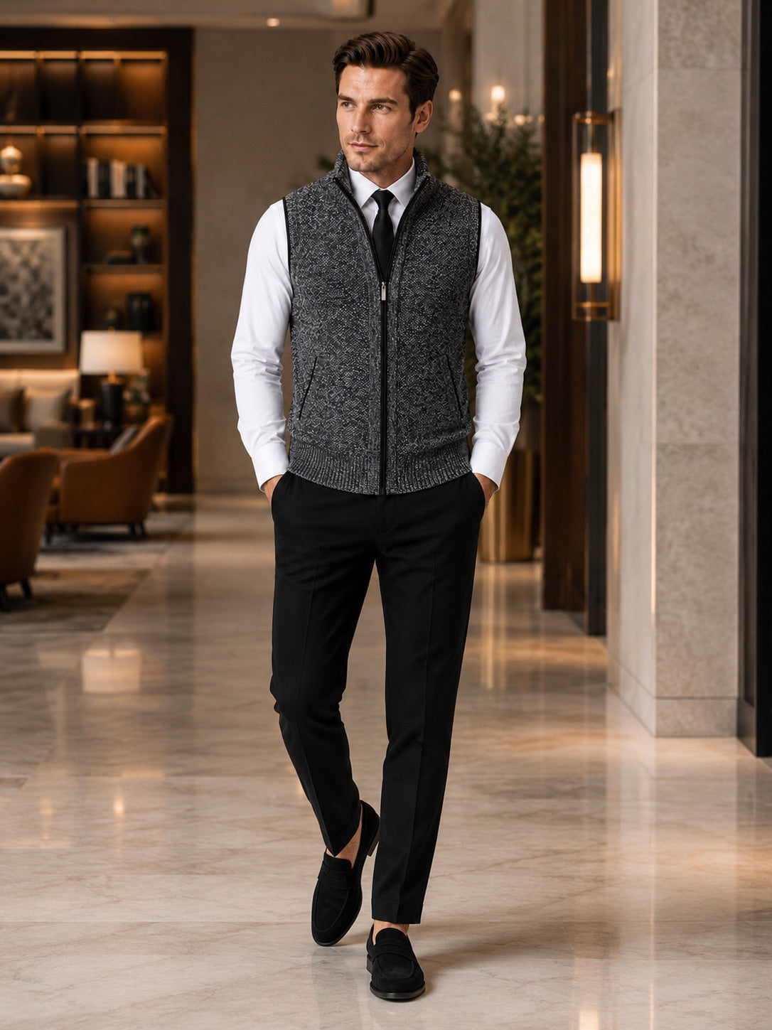 Men’s Sleeveless Jumper Full Zip Stand Collar Slim Fit Knit Autumn Winter Layer for Business Casual and Everyday Wear