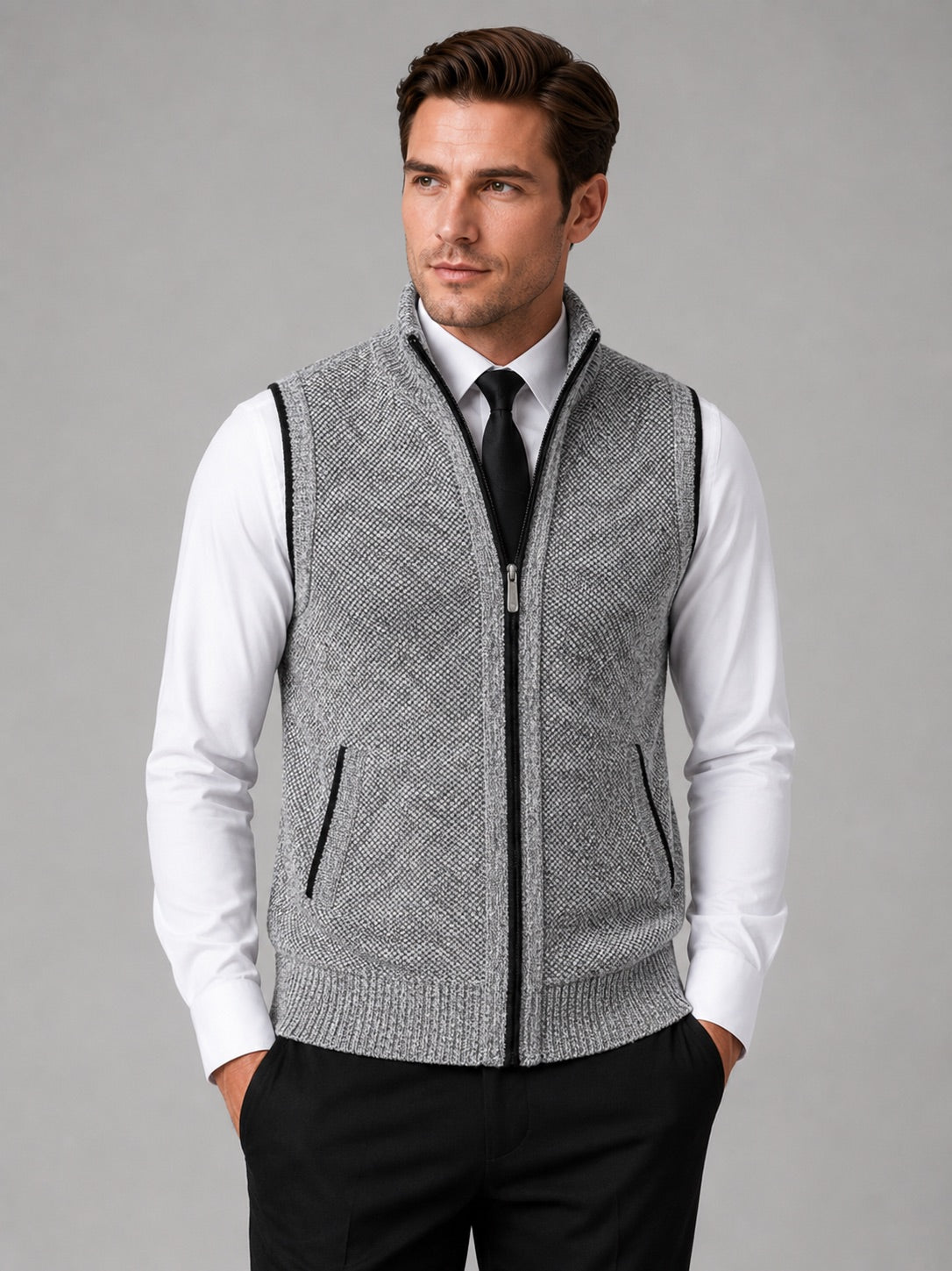 Men’s Sleeveless Jumper Full Zip Stand Collar Slim Fit Knit Autumn Winter Layer for Business Casual and Everyday Wear