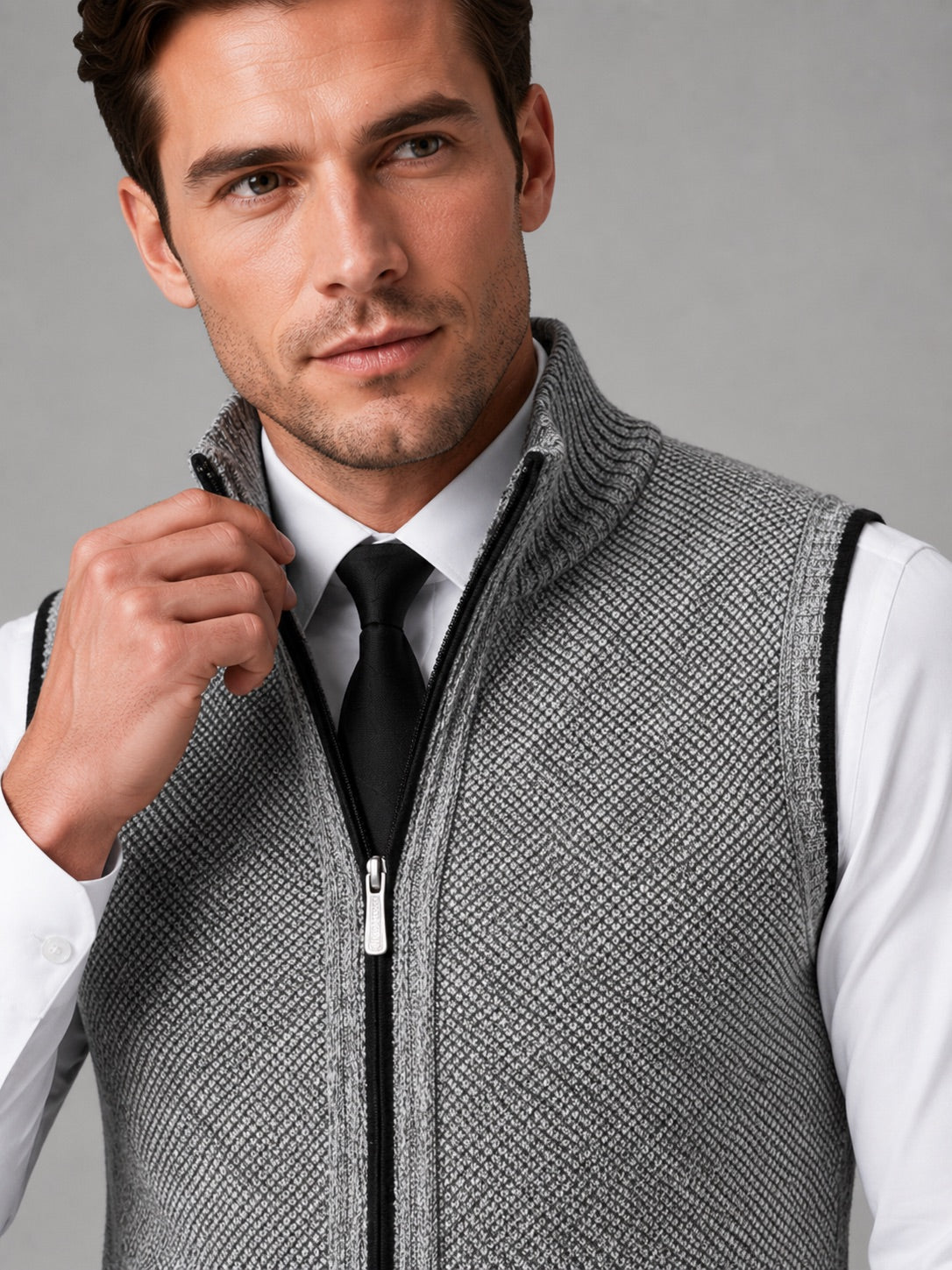 Men’s Sleeveless Jumper Full Zip Stand Collar Slim Fit Knit Autumn Winter Layer for Business Casual and Everyday Wear