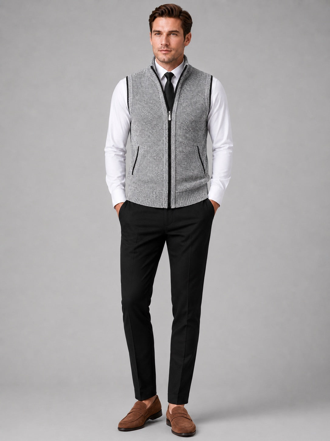 Men’s Sleeveless Jumper Full Zip Stand Collar Slim Fit Knit Autumn Winter Layer for Business Casual and Everyday Wear