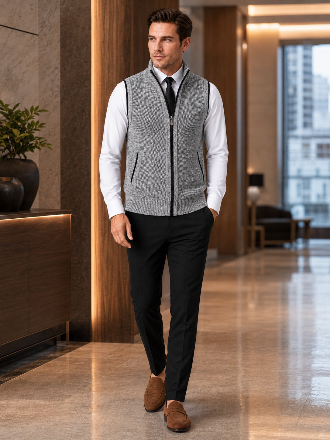 Men’s Sleeveless Jumper Full Zip Stand Collar Slim Fit Knit Autumn Winter Layer for Business Casual and Everyday Wear
