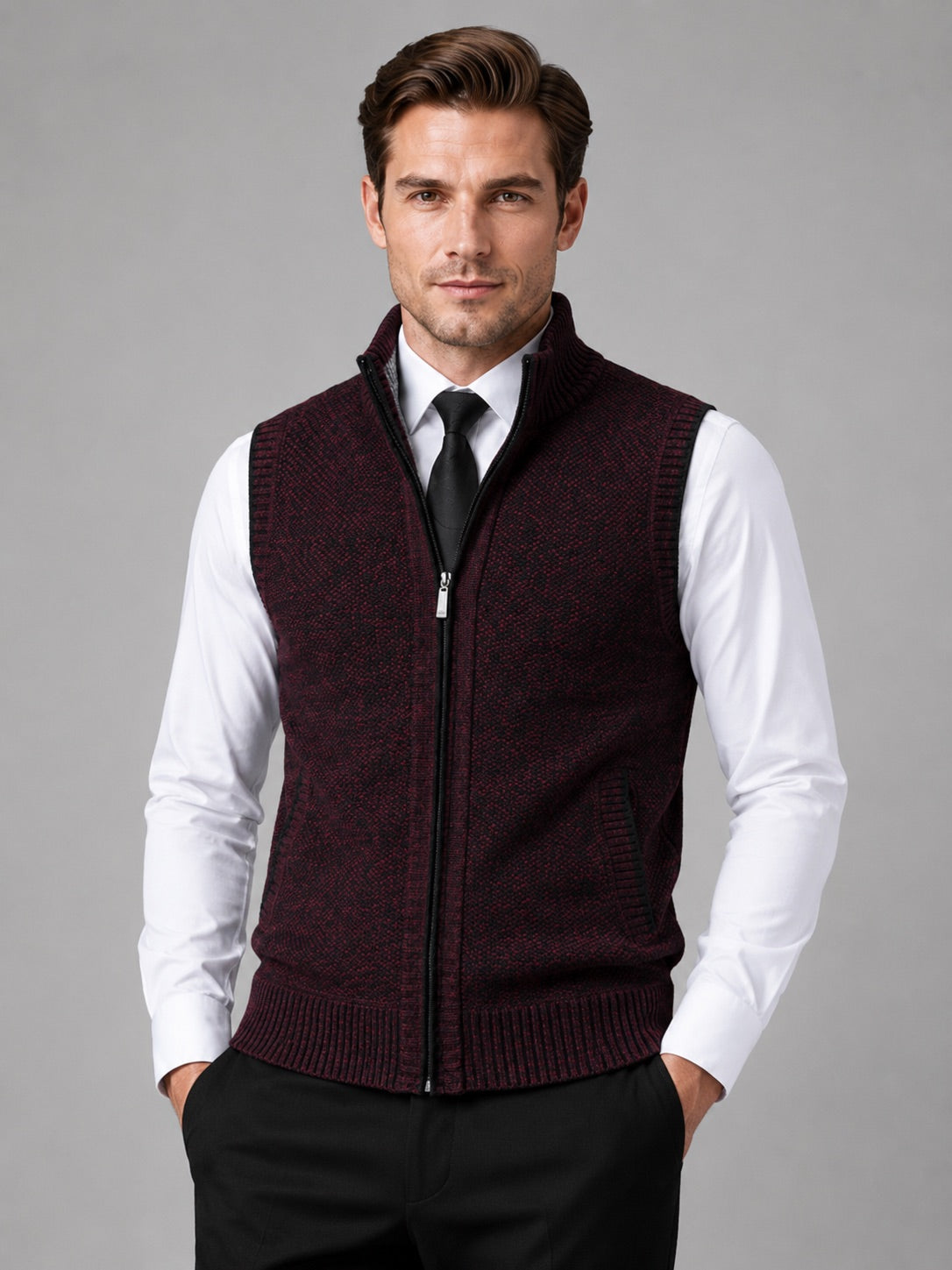 Men’s Sleeveless Jumper Full Zip Stand Collar Slim Fit Knit Autumn Winter Layer for Business Casual and Everyday Wear