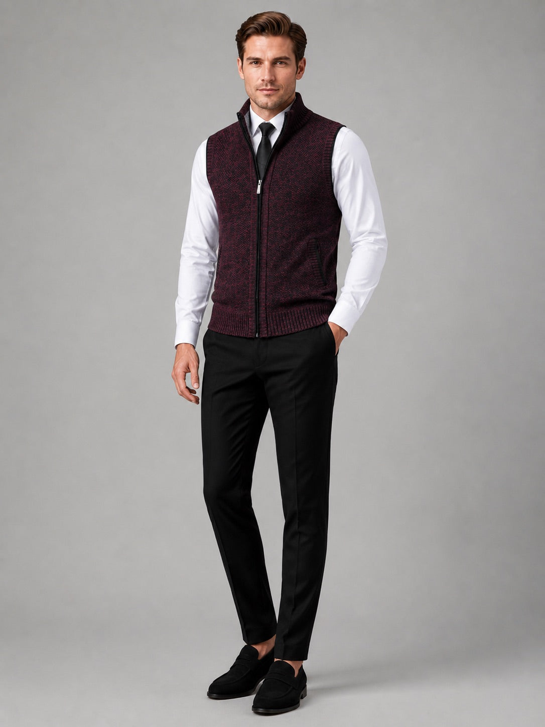 Men’s Sleeveless Jumper Full Zip Stand Collar Slim Fit Knit Autumn Winter Layer for Business Casual and Everyday Wear