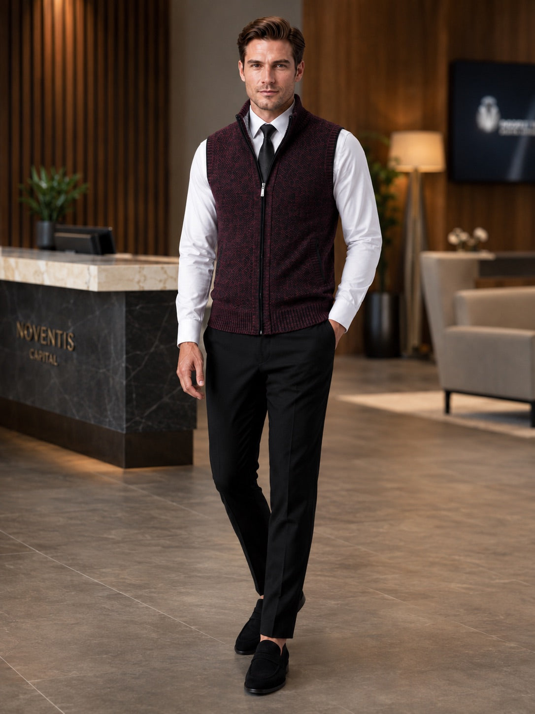 Men’s Sleeveless Jumper Full Zip Stand Collar Slim Fit Knit Autumn Winter Layer for Business Casual and Everyday Wear
