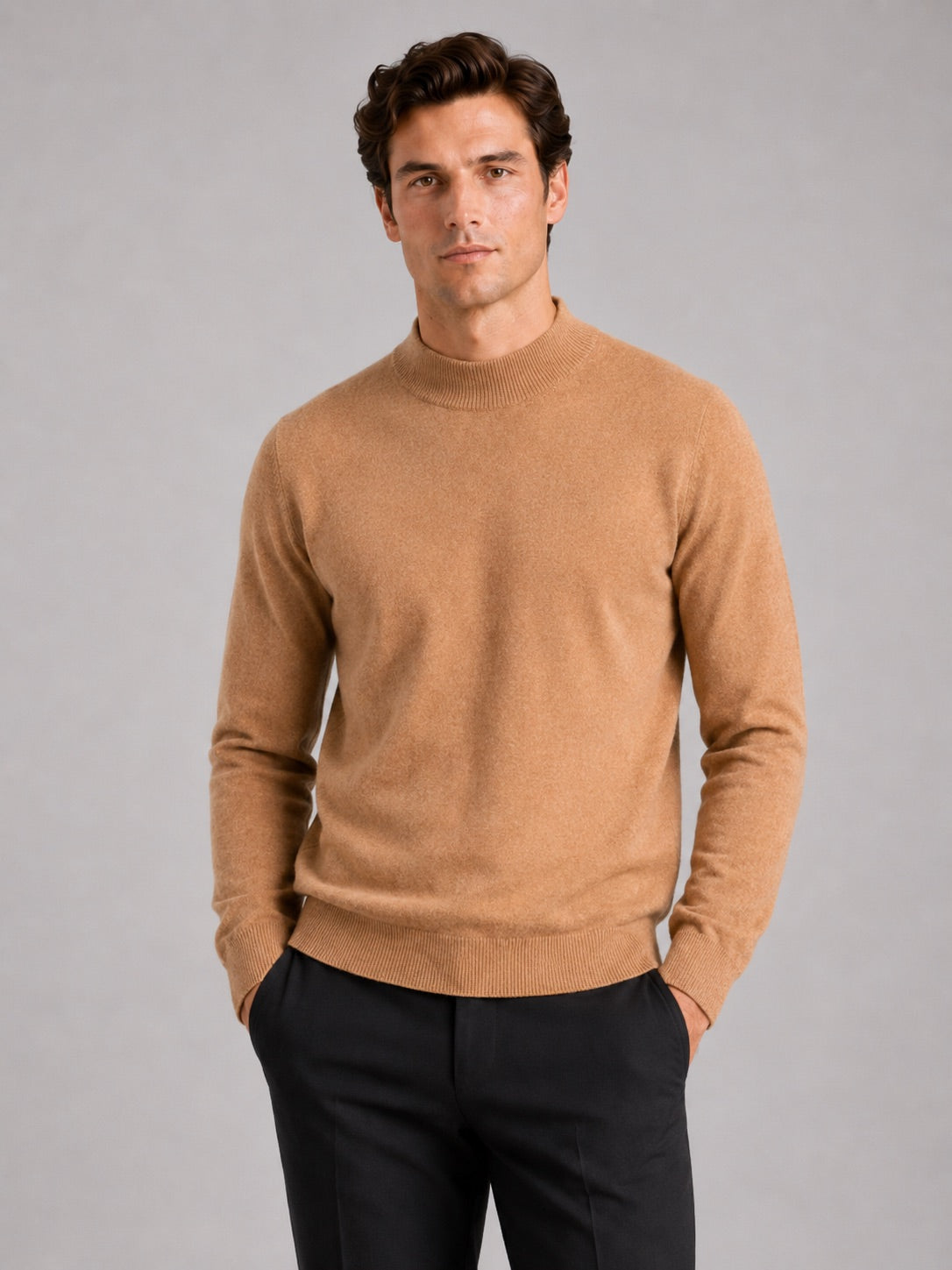 Men’s 100% Wool Mock Neck Jumper Warm Solid Colour Autumn Winter Pullover for Business Casual and Everyday Wear