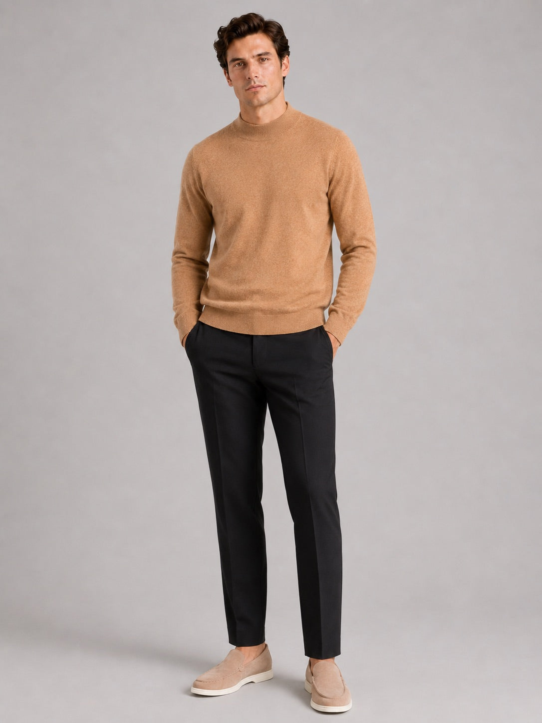 Men’s 100% Wool Mock Neck Jumper Warm Solid Colour Autumn Winter Pullover for Business Casual and Everyday Wear