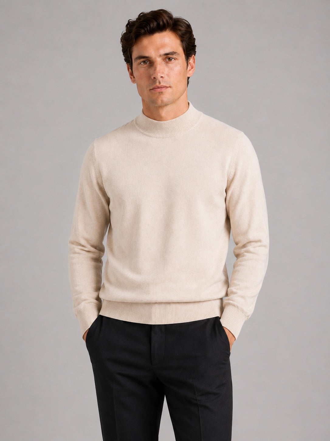 Men’s 100% Wool Mock Neck Jumper Warm Solid Colour Autumn Winter Pullover for Business Casual and Everyday Wear