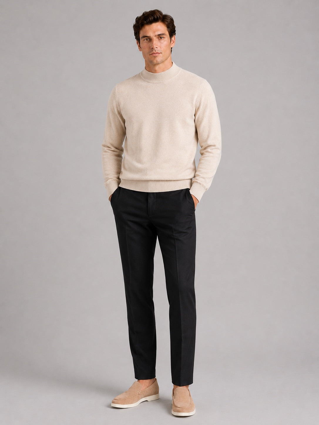 Men’s 100% Wool Mock Neck Jumper Warm Solid Colour Autumn Winter Pullover for Business Casual and Everyday Wear