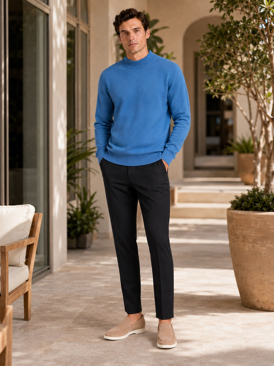 Men’s 100% Wool Mock Neck Jumper Warm Solid Colour Autumn Winter Pullover for Business Casual and Everyday Wear