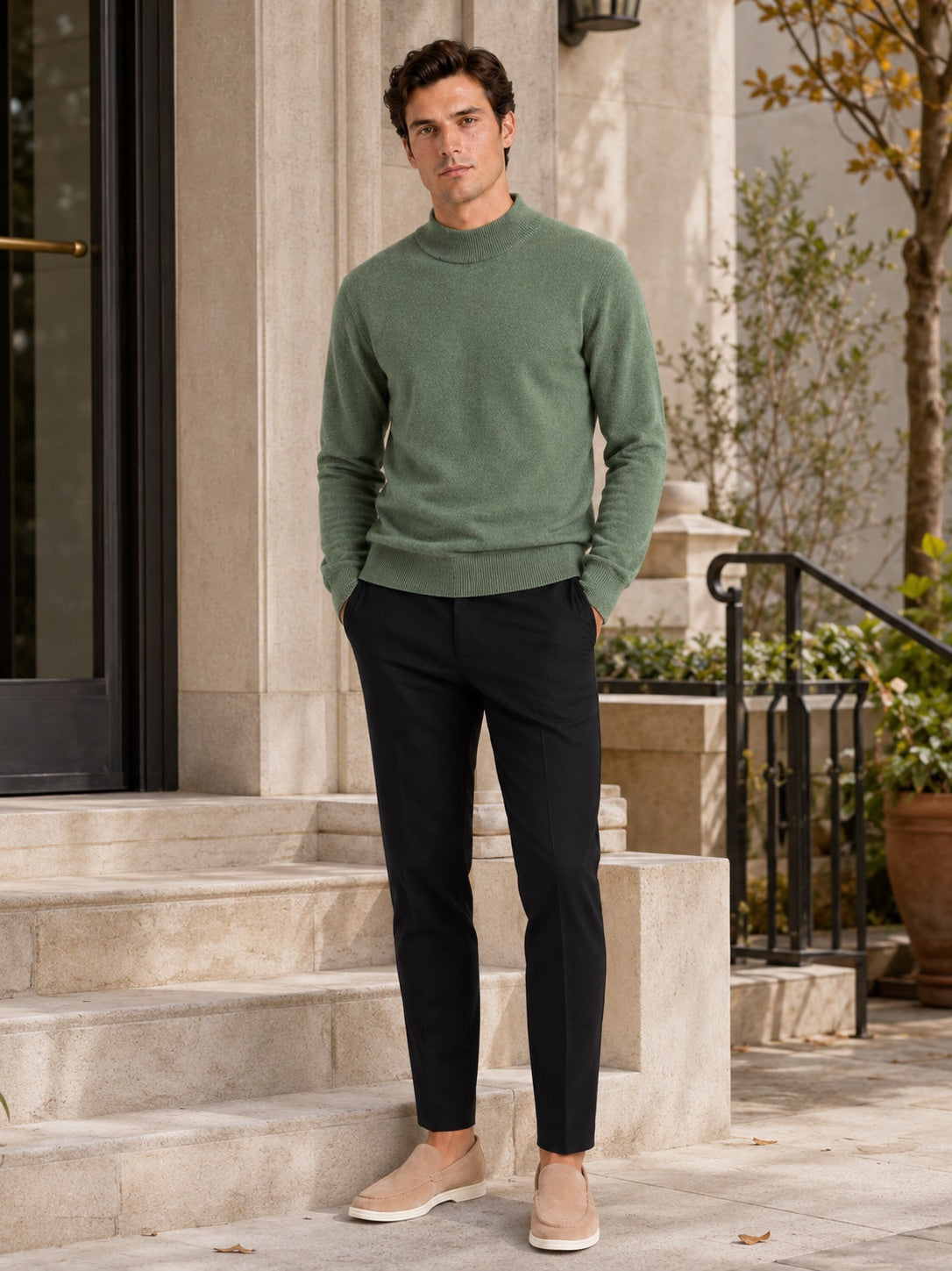 Men’s 100% Wool Mock Neck Jumper Warm Solid Colour Autumn Winter Pullover for Business Casual and Everyday Wear