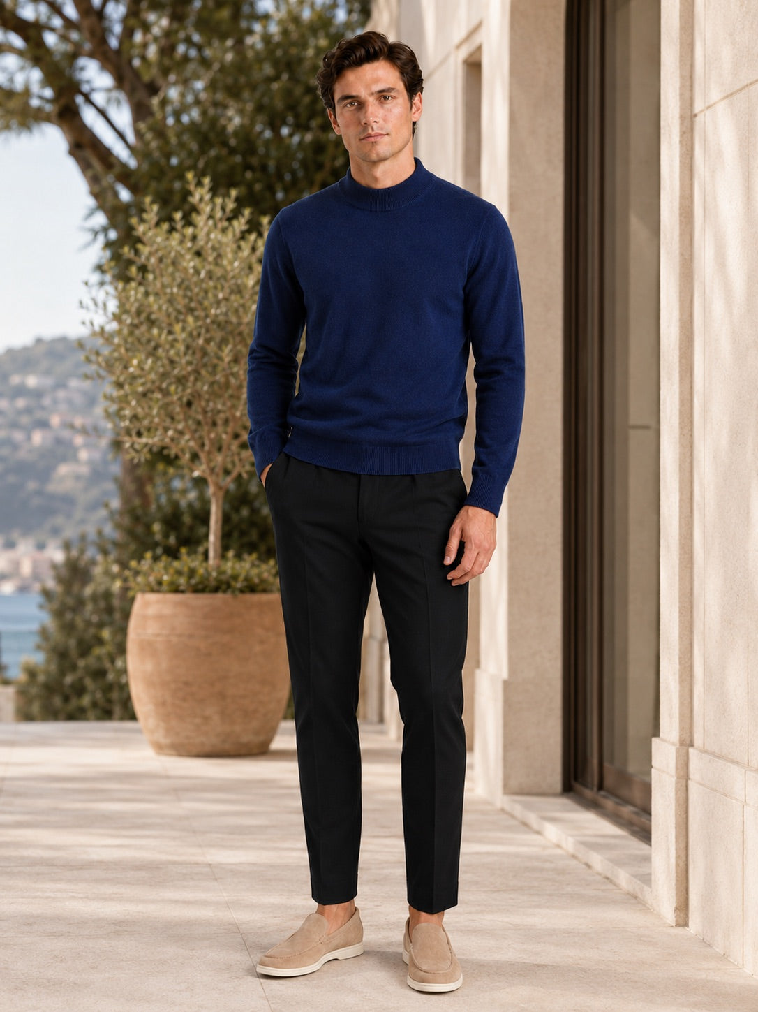 Men’s 100% Wool Mock Neck Jumper Warm Solid Colour Autumn Winter Pullover for Business Casual and Everyday Wear
