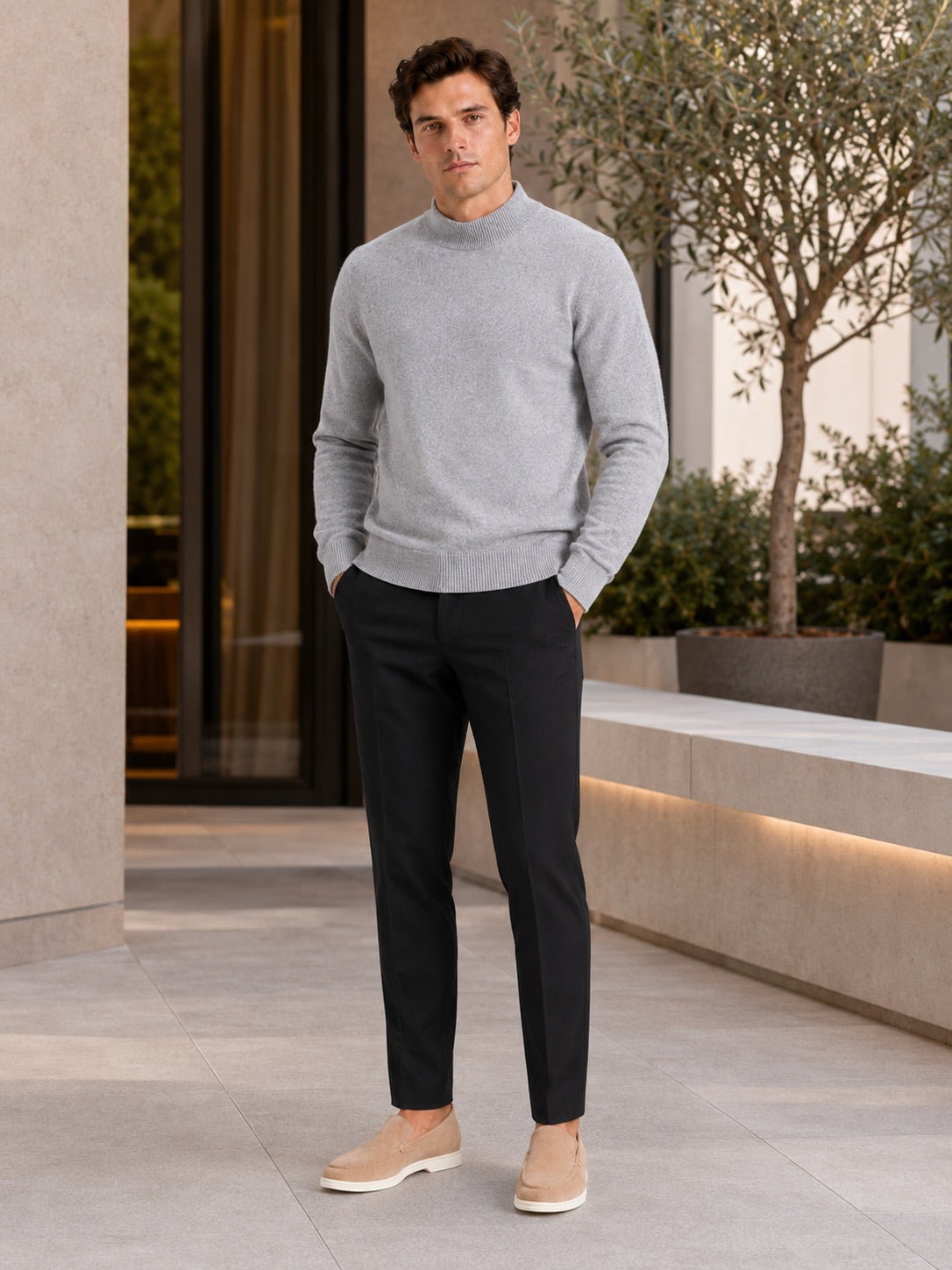 Men’s 100% Wool Mock Neck Jumper Warm Solid Colour Autumn Winter Pullover for Business Casual and Everyday Wear