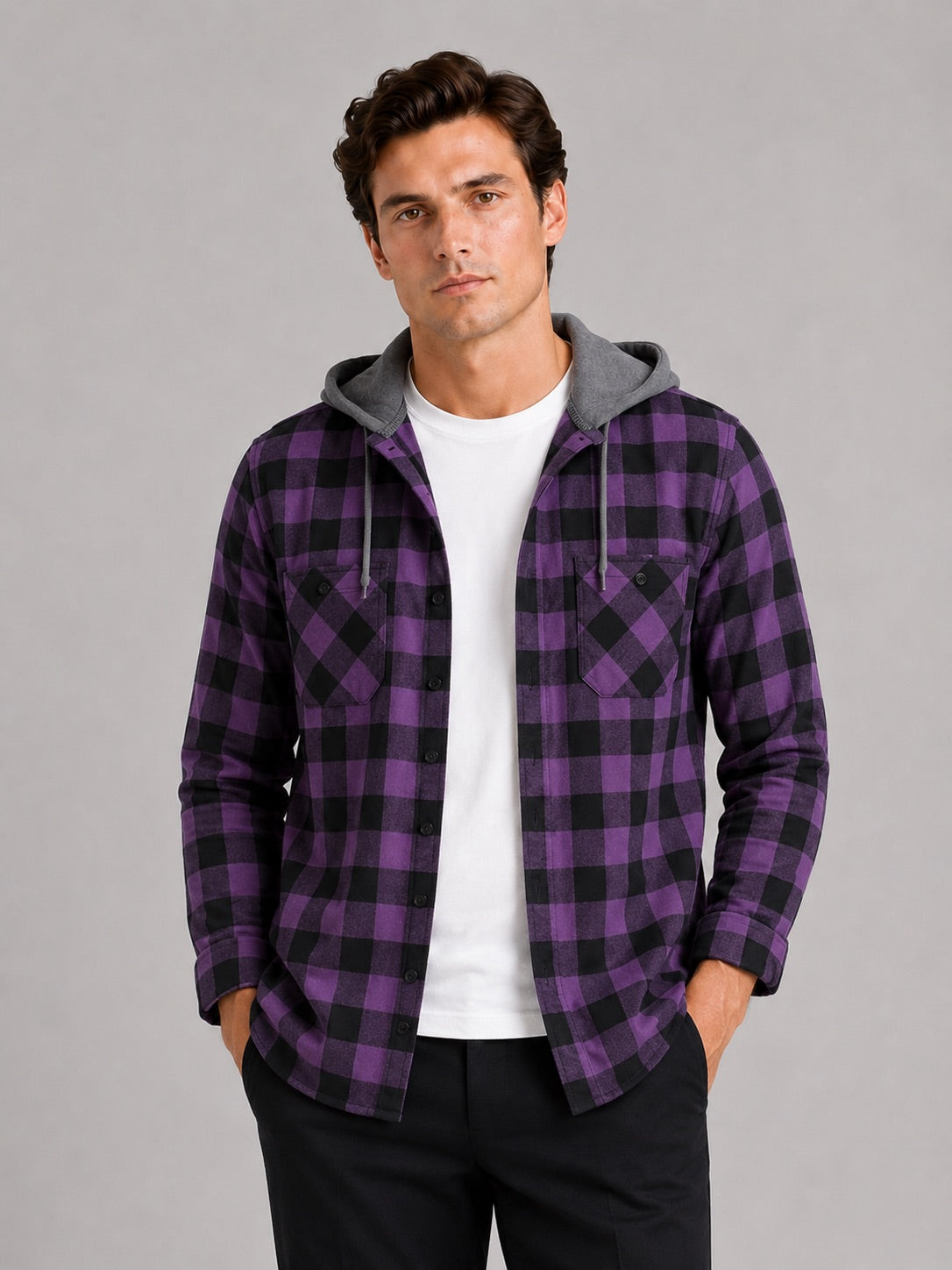 Men’s Check Hooded Flannel Autumn Jacket Long Sleeve Button-Down Flannel for Autumn Casual Steetwear and Outdoor Wear