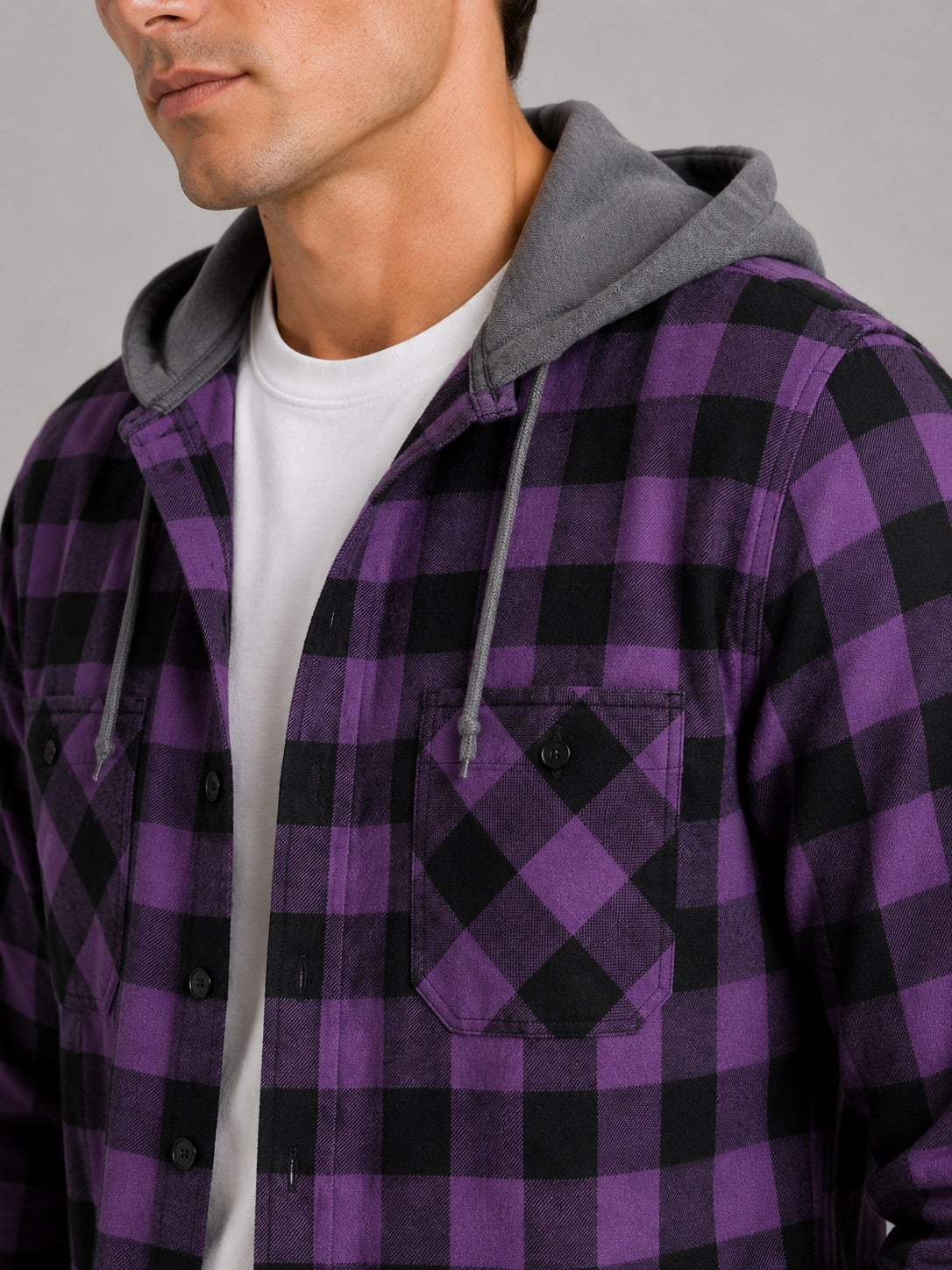 Men’s Check Hooded Flannel Autumn Jacket Long Sleeve Button-Down Flannel for Autumn Casual Steetwear and Outdoor Wear