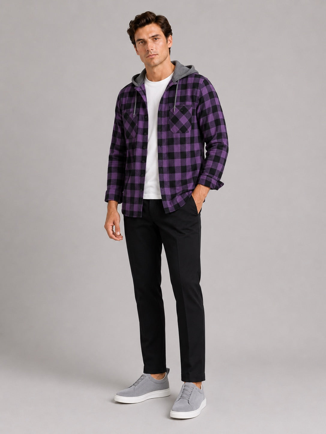 Men’s Check Hooded Flannel Autumn Jacket Long Sleeve Button-Down Flannel for Autumn Casual Steetwear and Outdoor Wear