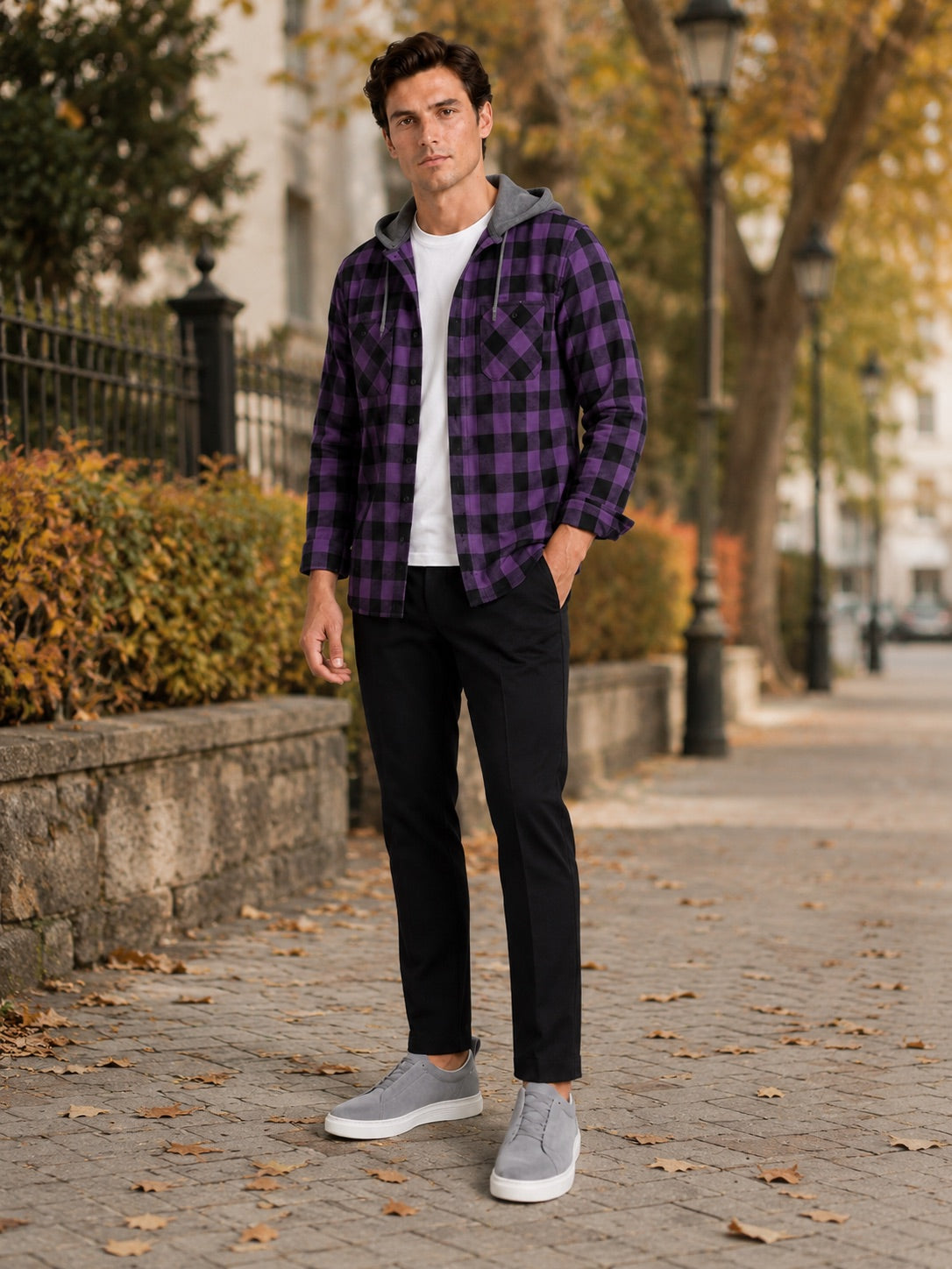 Men’s Check Hooded Flannel Autumn Jacket Long Sleeve Button-Down Flannel for Autumn Casual Steetwear and Outdoor Wear