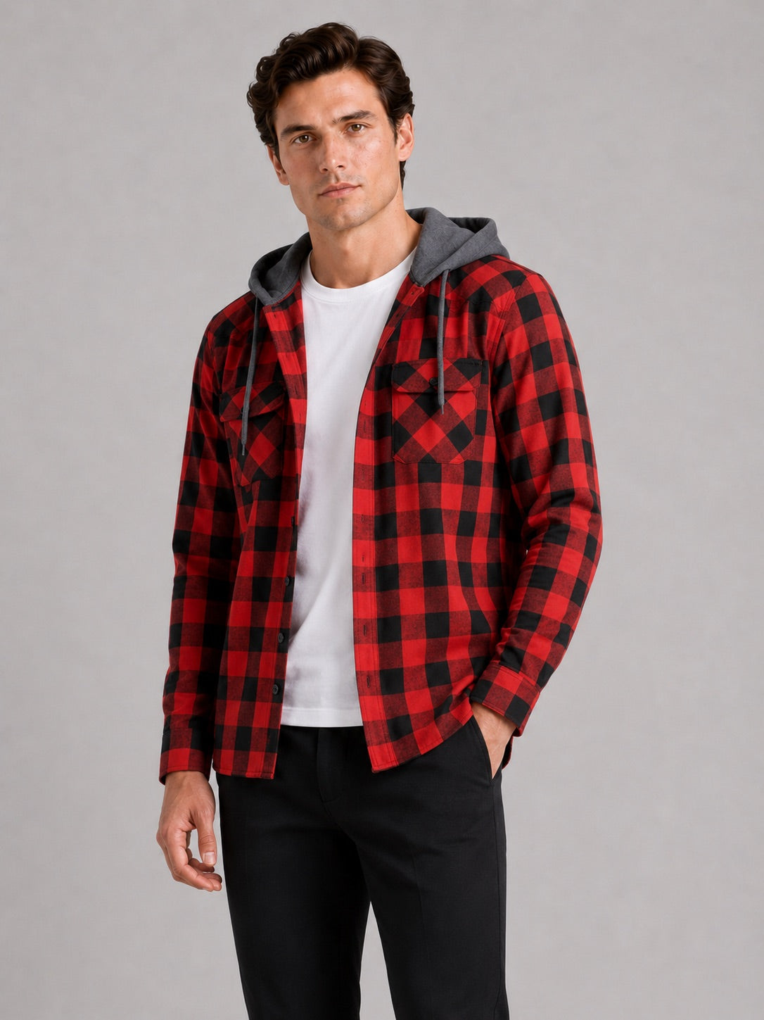 Men’s Check Hooded Flannel Autumn Jacket Long Sleeve Button-Down Flannel for Autumn Casual Steetwear and Outdoor Wear