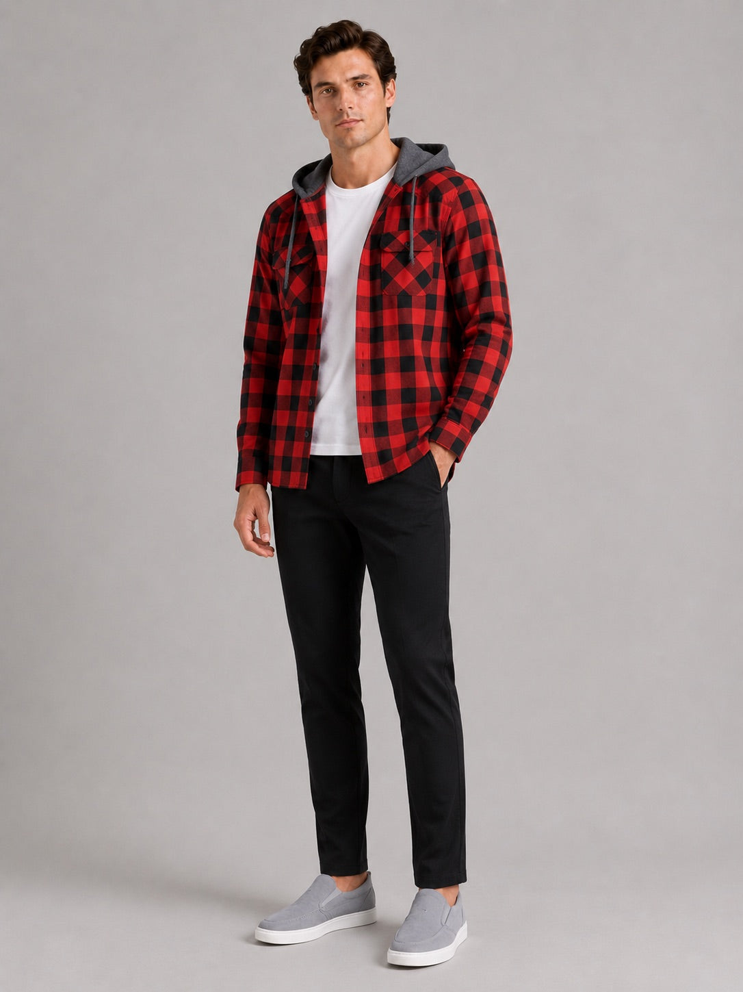 Men’s Check Hooded Flannel Autumn Jacket Long Sleeve Button-Down Flannel for Autumn Casual Steetwear and Outdoor Wear