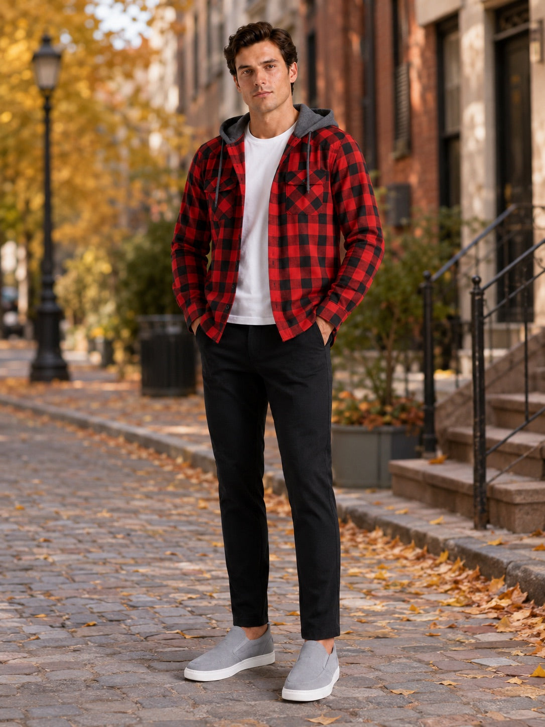 Men’s Check Hooded Flannel Autumn Jacket Long Sleeve Button-Down Flannel for Autumn Casual Steetwear and Outdoor Wear