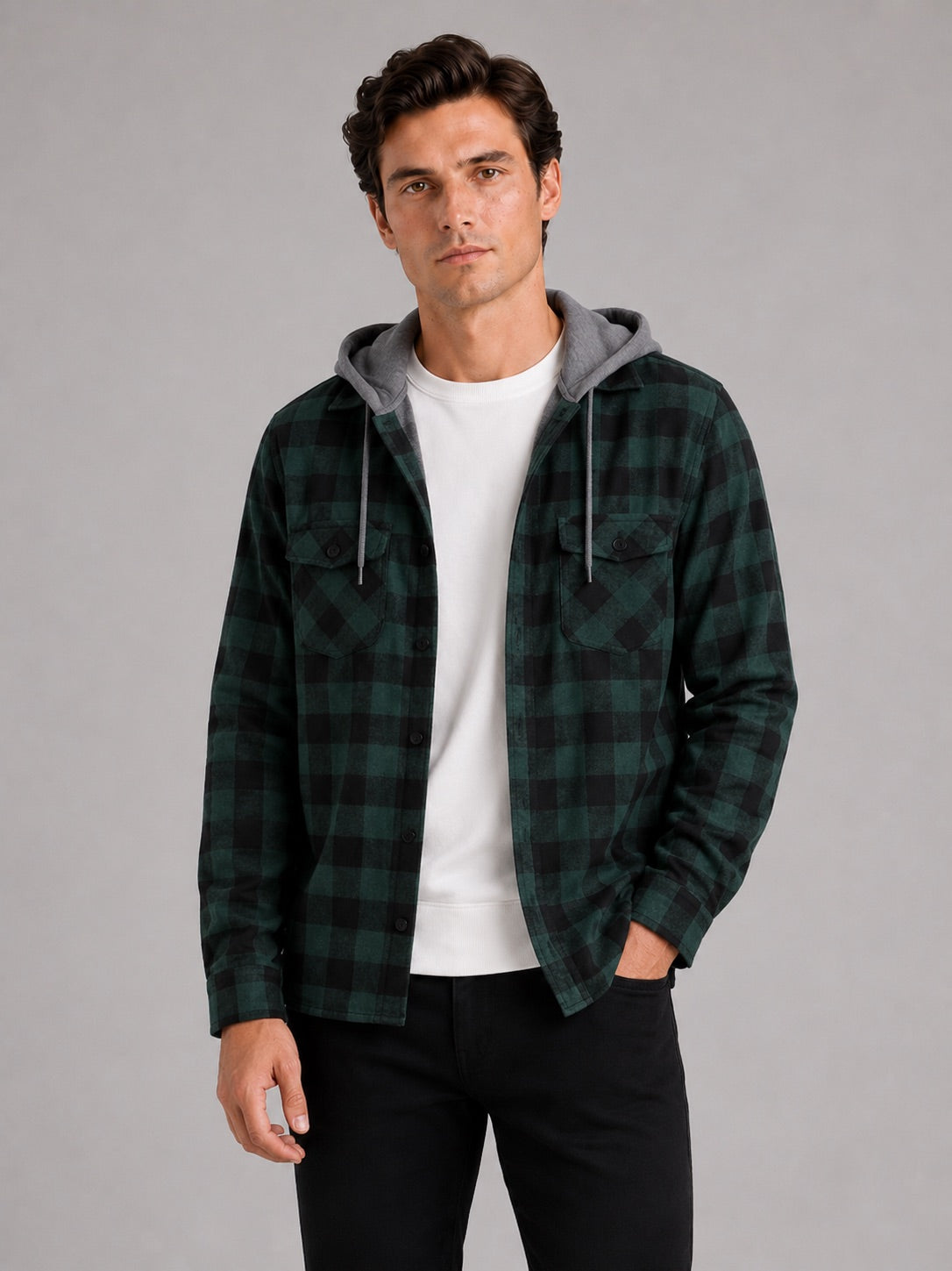 Men’s Check Hooded Flannel Autumn Jacket Long Sleeve Button-Down Flannel for Autumn Casual Steetwear and Outdoor Wear