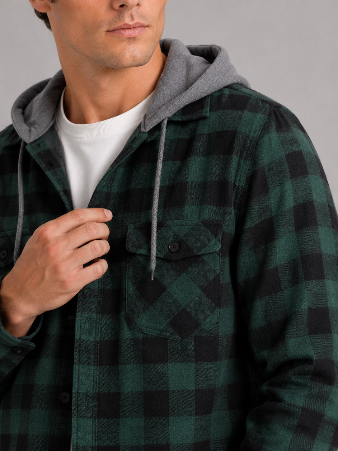 Men’s Check Hooded Flannel Autumn Jacket Long Sleeve Button-Down Flannel for Autumn Casual Steetwear and Outdoor Wear
