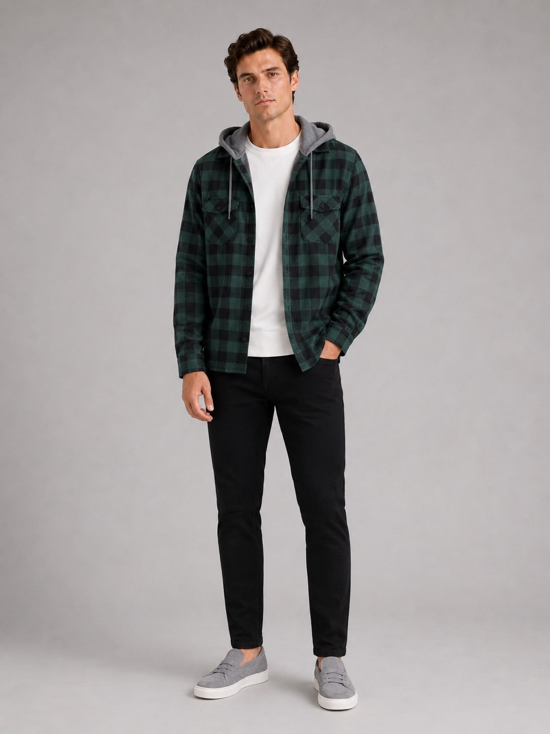 Men’s Check Hooded Flannel Autumn Jacket Long Sleeve Button-Down Flannel for Autumn Casual Steetwear and Outdoor Wear